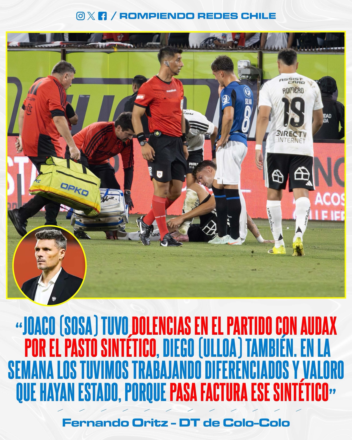 Tras la lesión de Joaquín Sosa, Fernando Ortiz informó sobre el estado del jugador y dijo que venía con problemas desde el partido vs Audax Italiano. Además, el DT dijo que lo reemplazó por precaución y en los próximos días se sabrá el estado de su lesión.

¿Qué tal? #RR