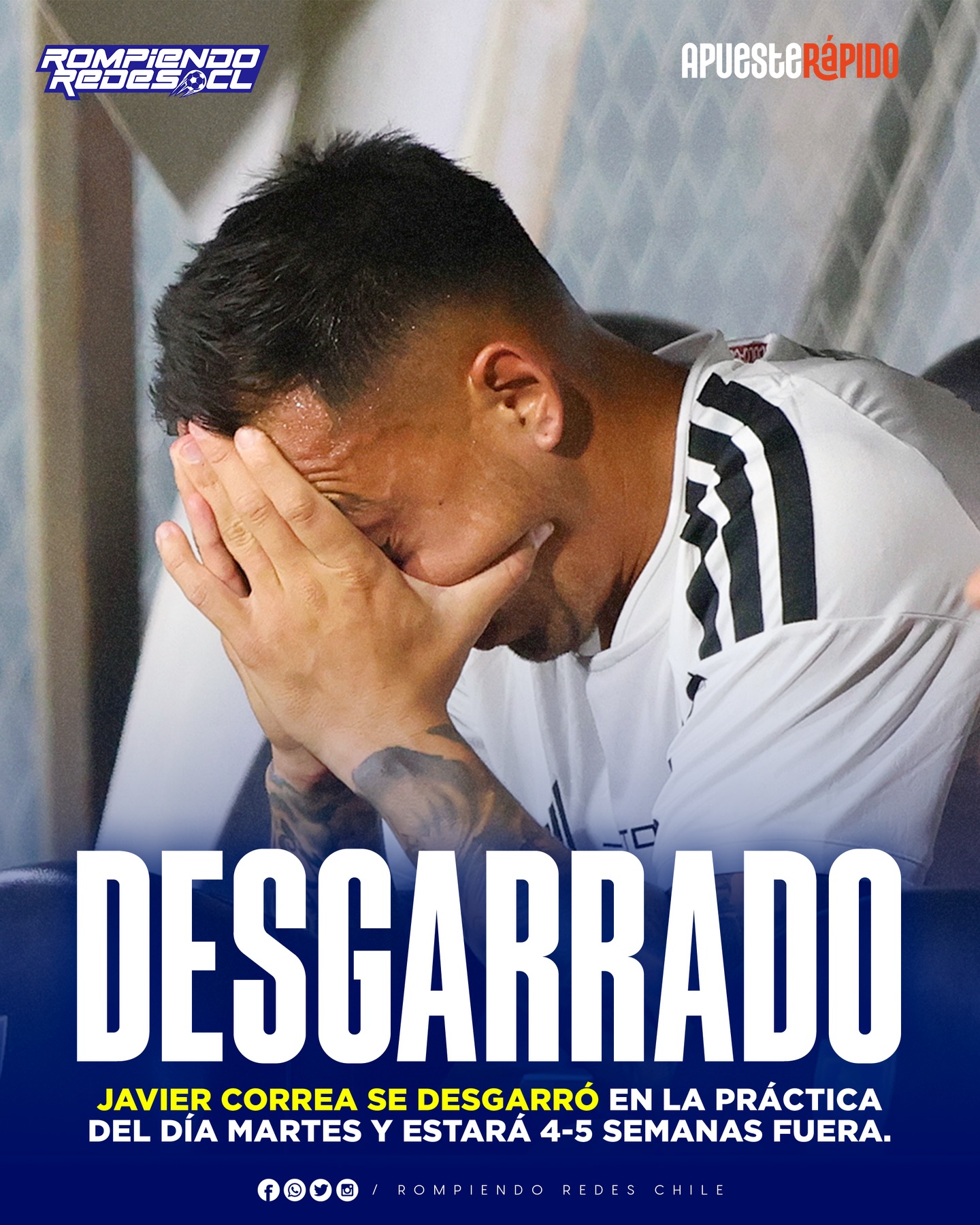 𝑳𝑬 𝑳𝑳𝑼𝑬𝑽𝑬 𝑺𝑶𝑩𝑹𝑬 𝑴𝑶𝑱𝑨𝑫𝑶 🤕

Javier Correa vive uno de sus peores momentos desde que llegó a Colo-Colo. El delantero es muy cuestionado por su rendimiento, ha errado goles solo, perdió la titularidad y ahora se desgarró.

El delantero terminó con molestias el partido vs Huachipato, y en el entrenamiento de ayer martes se desgarró. En un principio estará entre 4-5 semanas fuera, pero no se descarta que el plazo sea más amplio.

Cuando llega una mala, llegan todas juntas. #RR