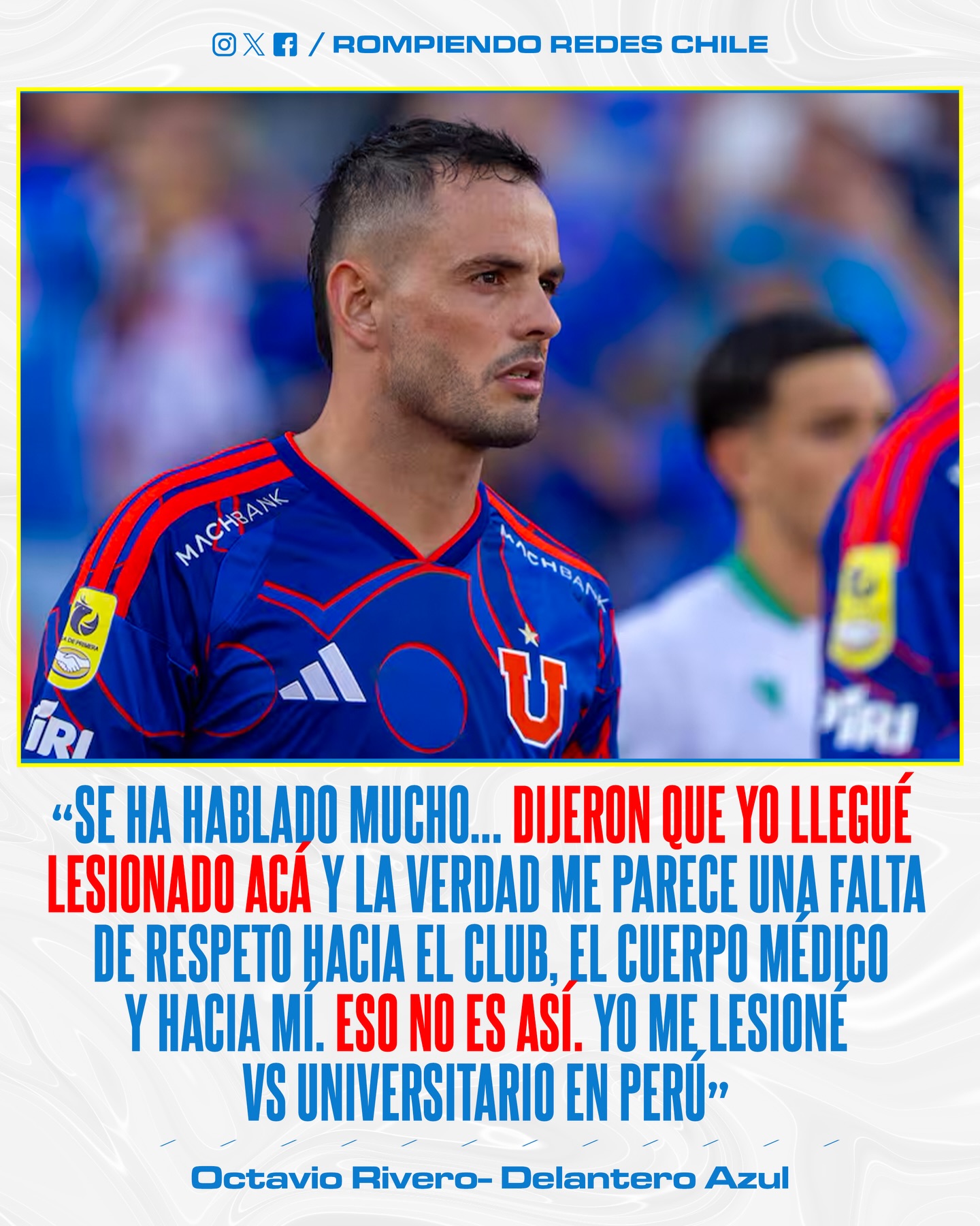 𝑺𝑬 𝑴𝑶𝑳𝑬𝑺𝑻𝑶́ 𝑶𝑪𝑻𝑨𝑽𝑰𝑶 😰

Octavio Rivero, delantero de Universidad de Chile, aclaró el tema sobre su lesión en la rodilla y negó rotundamente haber llegado lesionado al club.

¿Opiniones? 👀✍🏻 #RR