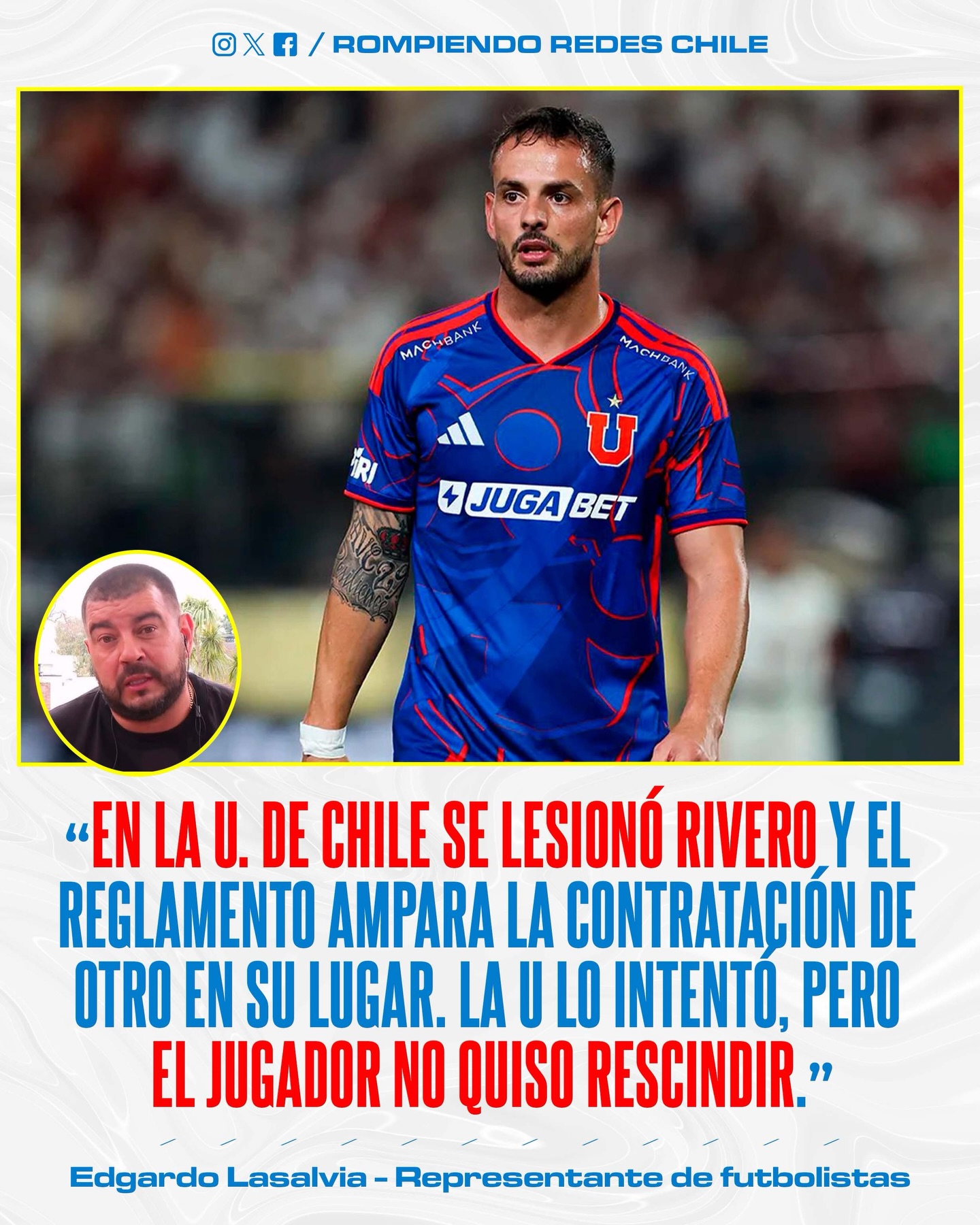 ¿𝑳𝑨 𝑼 𝑩𝑼𝑺𝑪𝑶́ 𝑺𝑼 𝑺𝑨𝑳𝑰𝑫𝑨? 😱

Octavio Rivero estará varios meses fuera de las canchas y La U habría intentando “deshacerse” del jugador.

Fue Edgardo Lasalvia, representante de futbolistas, quien confirmó esto, incluso afirmó que La U tenía una principio de acuerdo con unos de sus representados, pero esto se cayó por la negativa de rescindir contrato por parte de Octavio Rivero.

¿Opiniones? 👀✍🏻 #RR
