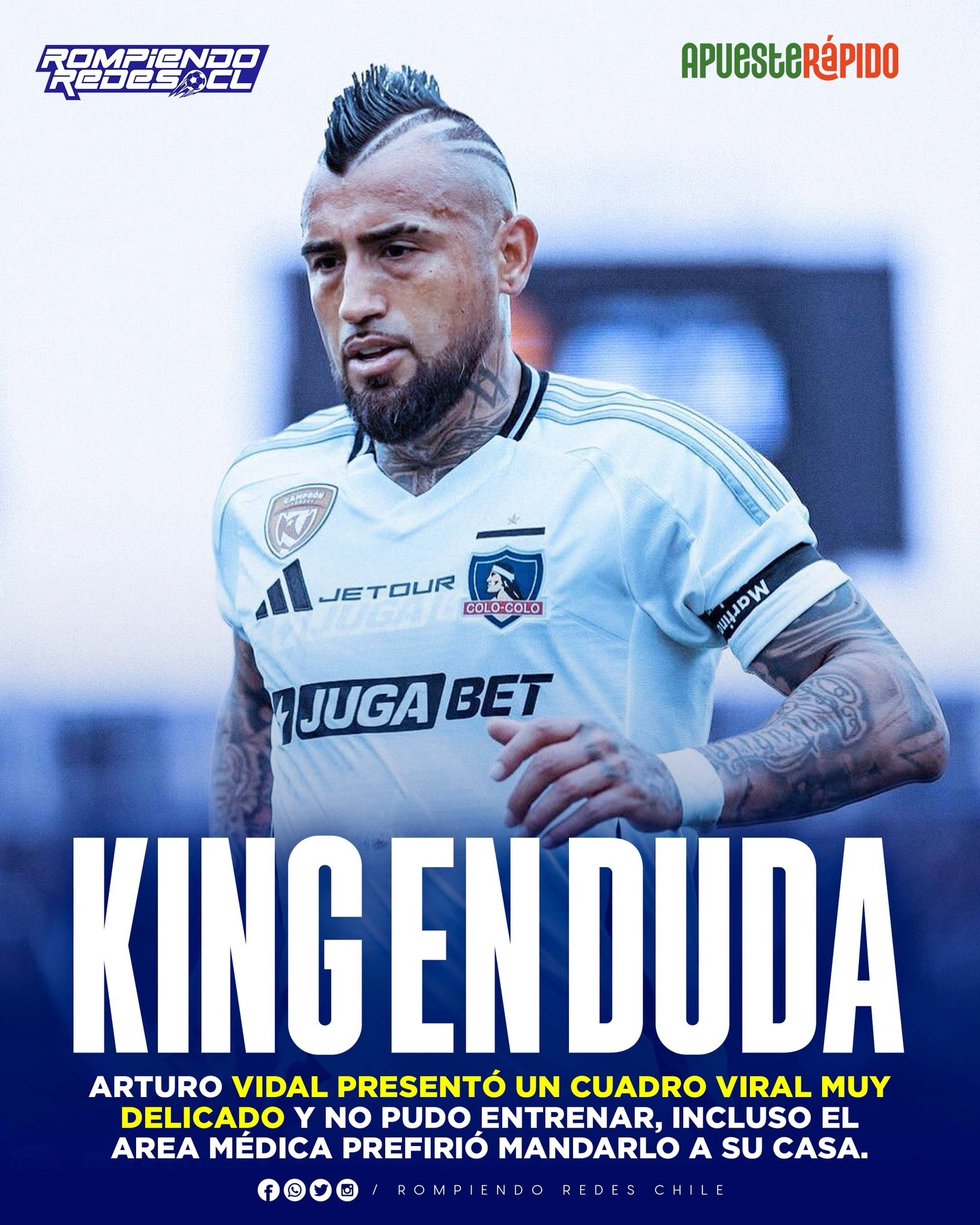 𝑽𝑰𝑫𝑨𝑳 𝑵𝑶 𝑬𝑵𝑻𝑹𝑬𝑵Ó 😰🤕

Durante esta mañana se informó que Arturo Vidal no logró entrenar a la par de sus compañeros. En un inicio no se uniformó la razón, pero durante la tarde se aclaró el tema y se informó que fue por un cuadro viral que arrastra el “King”.

El área médica del cacique encontró a Vidal muy decaído, por lo mismo prefirieron “apartarlo” del plantel y mandarlo de vuelta a su casa.

La presencia de Arturo, en la Copa de La Liga, depende netamente de la recuperación que tenga el jugador. #RR