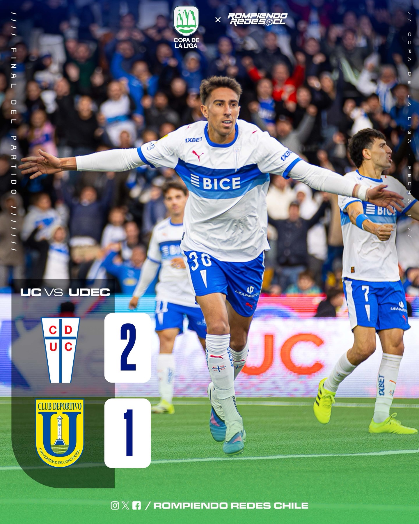 𝑻𝑹𝑰𝑼𝑵𝑭𝑨𝒁𝑶 𝑪𝑹𝑼𝒁𝑨𝑫𝑶 🏟️🔥

Universidad Católica comenzó la Copa de La Liga con el pie derecho, tras dar vuelta el partido ante la Udec y quedase con valiosos 3 puntos.

Los cruzados comenzaron abajo en el marcador, pero con goles de Giani y Valencia lograron imponerse y quedarse con el triunfo.

Ramírez y Palavecino se fueron expulsados, ambos por agresión.

¿Qué les pareció el partido?👀✍🏻 #RR

📸 Carlos Paredes / Agencia RRMedia