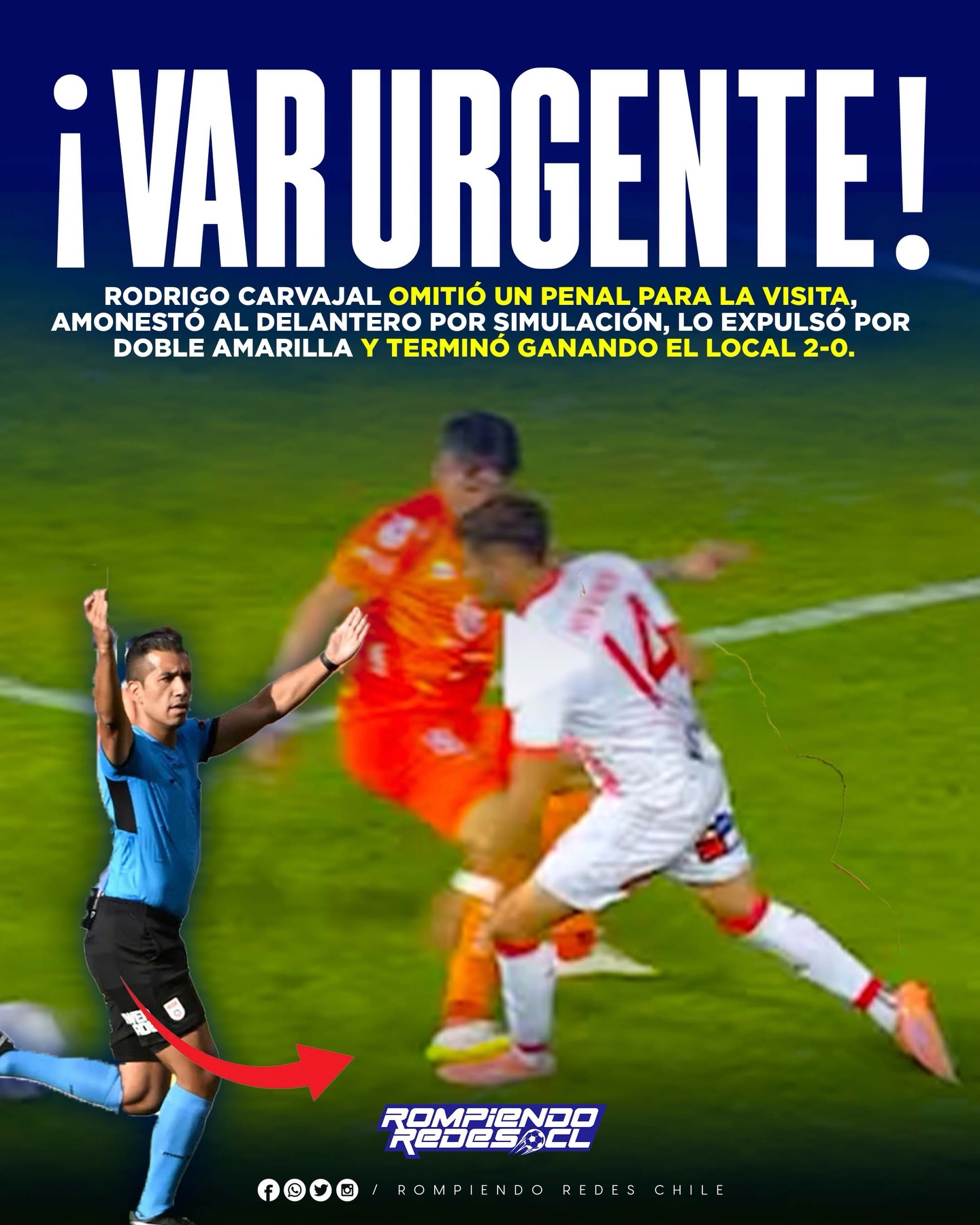 𝑵𝑼𝑬𝑽𝑨 𝑷𝑶𝑳𝑬́𝑴𝑰𝑪𝑨 𝑬𝑵 𝑳𝑨 𝑩 🚨

La actual temporada en la primera ha estado marcada por las polémicas y en esta fecha no fue la excepción. La acción ocurrió en el Cobreloa vs San Felipe.

Todo ocurrió en el minuto 87’ cuando el local ganaba 1-0. La acción concreta es que el delantero de San Felipe tenía el balón en su poder y encaró al defensor, todo esto en el área grande. El atacante movió el balón y recibió un fuerte pisotón, el cual fue desestimado por el árbitro, pero lo peor es que le mostró amarilla por simulación y como ya tenía una amarilla, lo expulsó.

Minutos más tarde Cobreloa anotó el 2-0 y se quedó con el triunfo final.

¡EL VAR SE NECESITA DE MANERA URGENTE EN PRIMERA B!

¿Opiniones? 🤐✍🏻 #RR