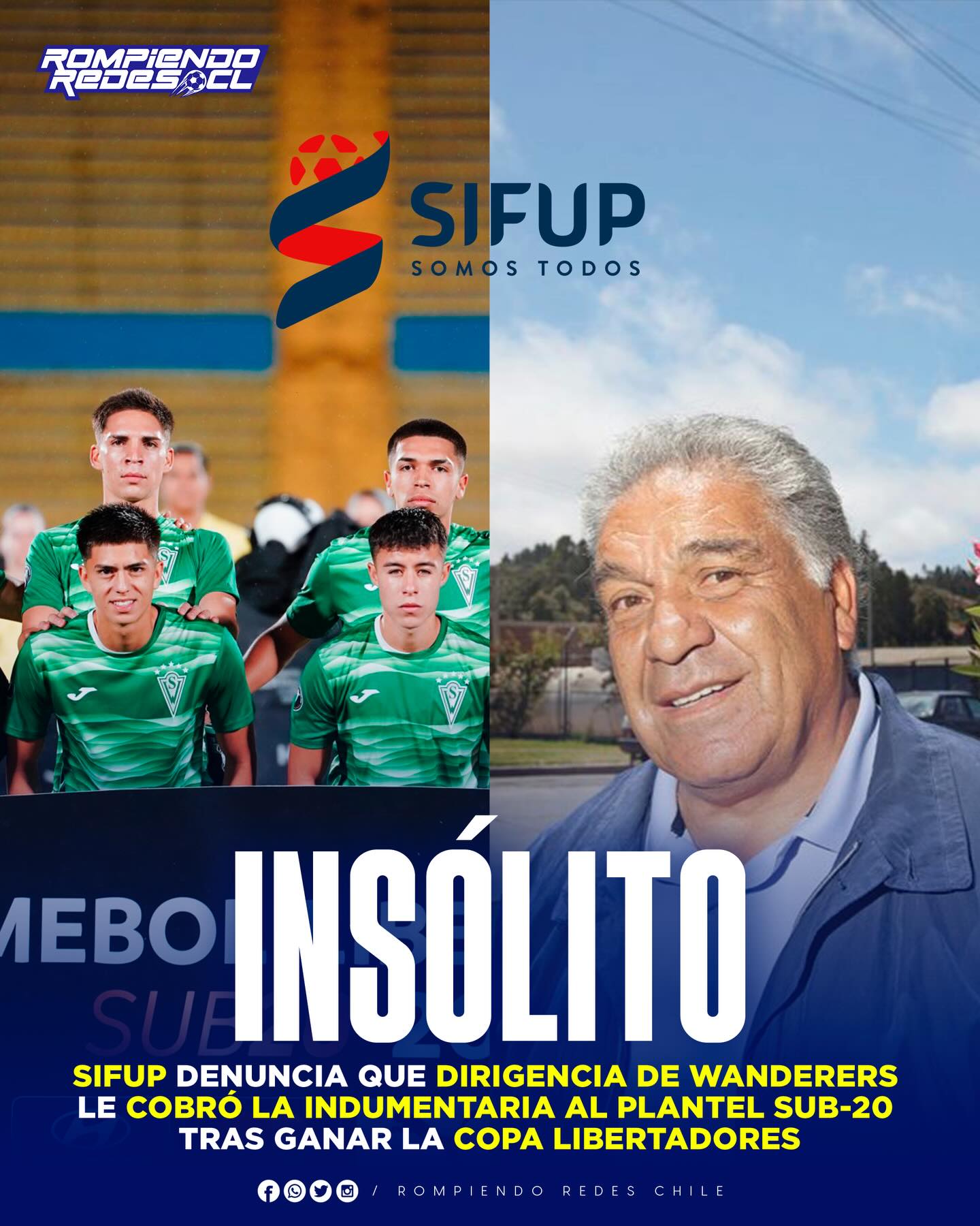 𝑰𝑴𝑷𝑶𝑺𝑰𝑩𝑳𝑬 𝑫𝑬 𝑪𝑹𝑬𝑬𝑹‼️😱🤬
Según informó el periodista Diego Mora, Los Sánchez (dirigentes de Santiago Wanderers) están pidiendo la totalidad de la indumentaria a los juveniles campeones de la Copa Libertadores Sub-20.
Ante esta insólita situación, el Sindicato de Futbolistas Profesionales (SIFUP) salió a la carga, criticando a la dirigencia caturra y ofreciéndose a asumir el costo de la indumentaria deportiva que se le está cobrando al plantel porteño. Además, el sindicato declaró que: "Como gremio no queremos que un logro tan importante de nuestros socios y futuros asociados se vea empañado por mezquindad dirigencial".
¿Qué opinas de esta insólita situación?👀✍🏽