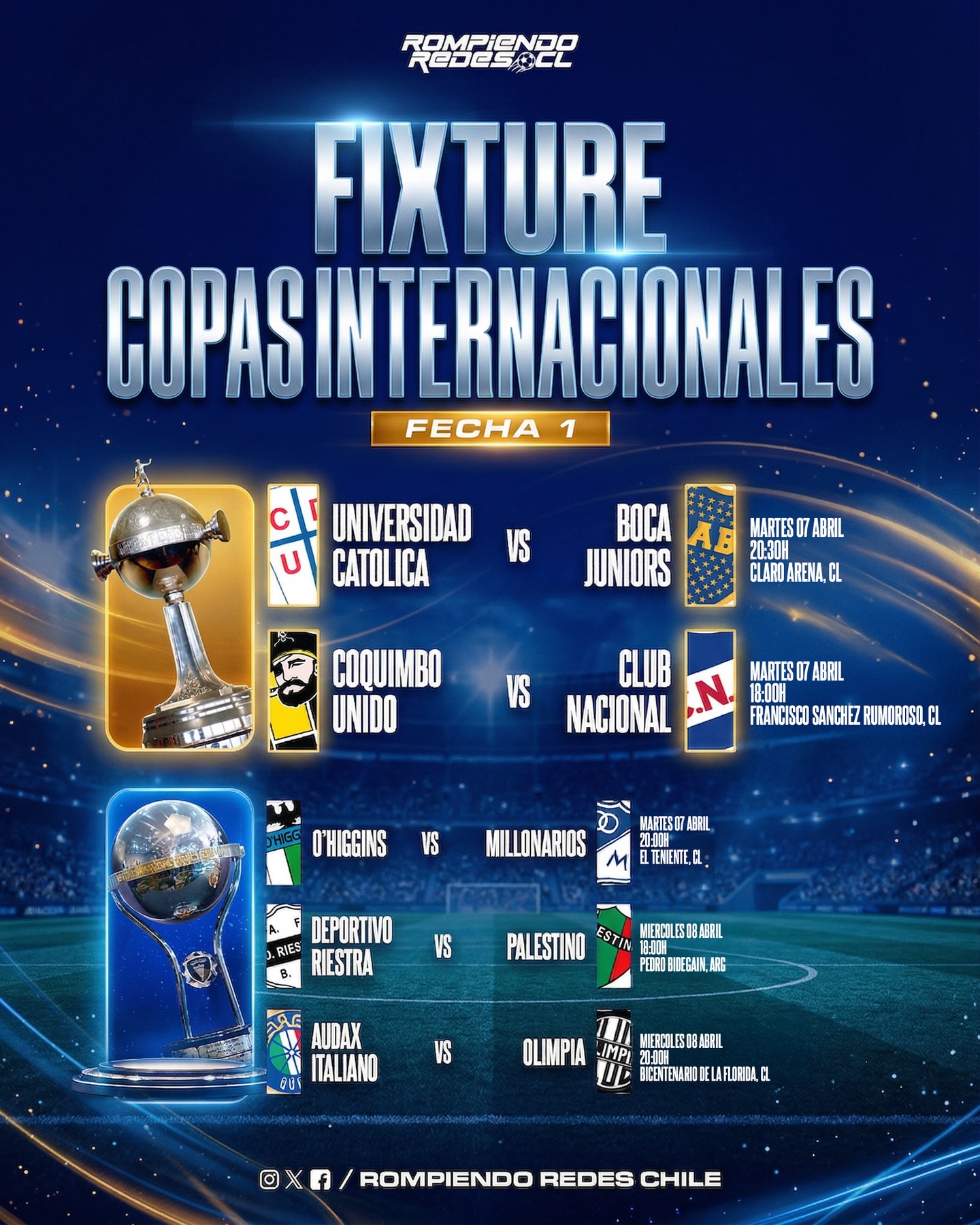 𝑬𝑳 𝑭𝑰𝑿𝑻𝑼𝑹𝑬 𝑫𝑬 𝑳𝑶𝑺 𝑪𝑯𝑰𝑳𝑬𝑵𝑶𝑺 𝑬𝑵 𝑪𝑶𝑷𝑨𝑺 𝑰𝑵𝑻𝑬𝑹𝑵𝑨𝑪𝑰𝑶𝑵𝑨𝑳𝑬𝑺 🏆 🇨🇱 🗓️

Hoy comienza la acción en Copa Libertadores y Copa Sudamericana y hay 5 clubes chilenos que verán acción en estos certámenes.

Hoy, martes, juega O’Higgins por Sudamericana y U. Católica por Copa Libertadores. Mañana lo hará Coquimbo, Palestino y Audax Italiano.

De los 15 puntos posibles, ¿Cuántos crees que logren rescatar los clubes chilenos? 👀✍🏻🇨🇱 #RR