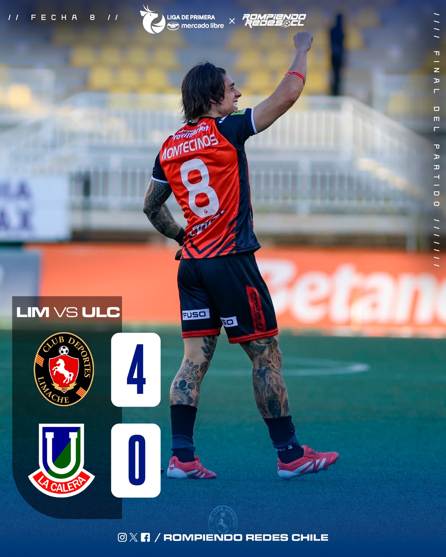 𝑮𝑶𝑳𝑬𝑨𝑫𝑨 𝒀 𝑳𝑰𝑫𝑬𝑹𝑨𝑻𝑶 🤩🇨🇱
Deportes Limache sigue demostrando su buen nivel y esta vez golearon 4-0 a Unión la calera.
El triunfo hizo que Limache tomara el liderato del campeonato con 17 puntos, mientras que los cementeros se quedan 10° con 10 unidades.
⚽️Castro, Montecinos, Arturia y Moya anotaron.
¿Qué les pareció el partido? 👀✍🏻 #RR