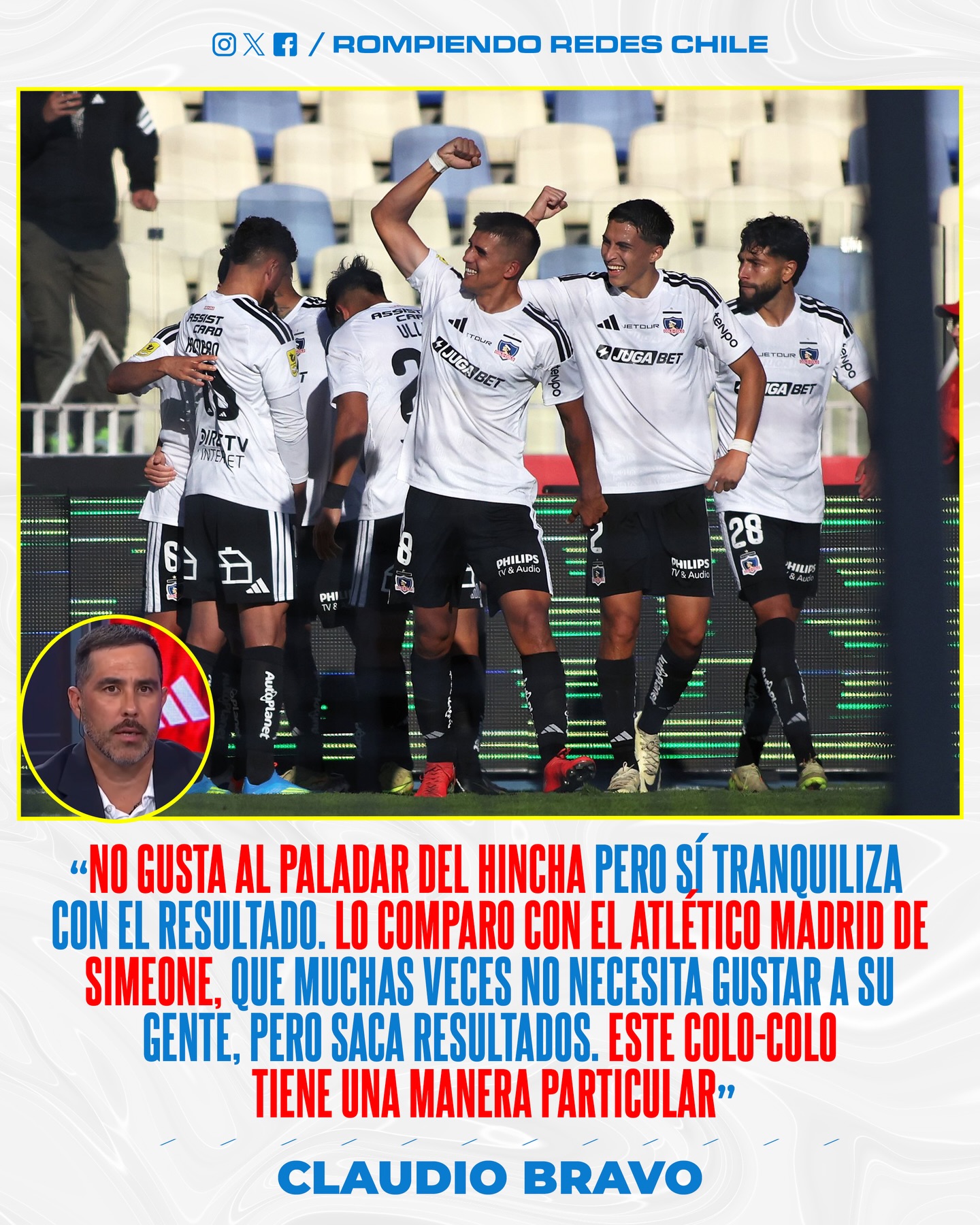 Claudio Bravo analizó el presente de Colo-Colo y lo comparó directamente con el Atlético de Madrid del “cholo” Simeone. El ex capitán de la roja dijo que el cacique “no gusta al paladar del hincha, pero gana y los resultados son los que mandan”.
¿Qué te parecen sus dichos? 👀 #RR