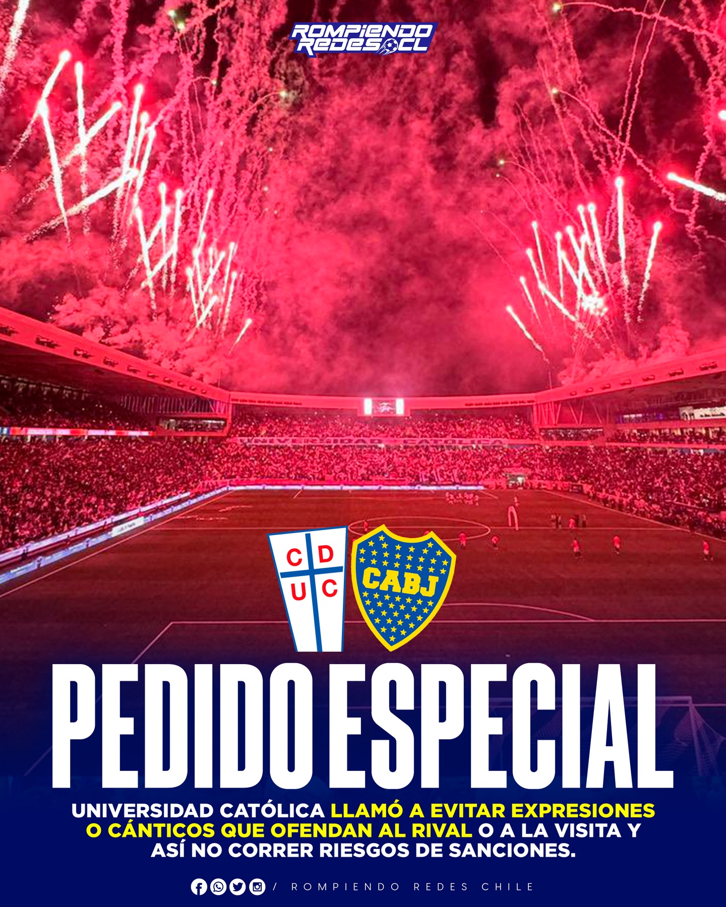 𝑴𝑬𝑱𝑶𝑹 𝑷𝑹𝑬𝑽𝑬𝑵𝑰𝑹 𝑸𝑼𝑬 𝑪𝑼𝑹𝑨𝑹 🚨

Universidad Católica recibirá a Boca Juniors por la fecha 1 de Copa Libertadores y la dirigencia cruzada está bastante asustada con lo que pueda pasar en el Claro Arena.

Por eso mismo, club hizo una petición especial a sus hinchas y llamó a ser totalmente respetuosos y no hacer nada que pueda incumplir códigos de buena conducta.

La finalidad de esto es no arriesgarse a recibir castigos de aforo, ya que sea totalmente perjudicial para el club. La Uc pidió no hacer cánticos, gestos o cualquier cosa contra la visita.

¿Qué tal? 👀✍🏻 #RR