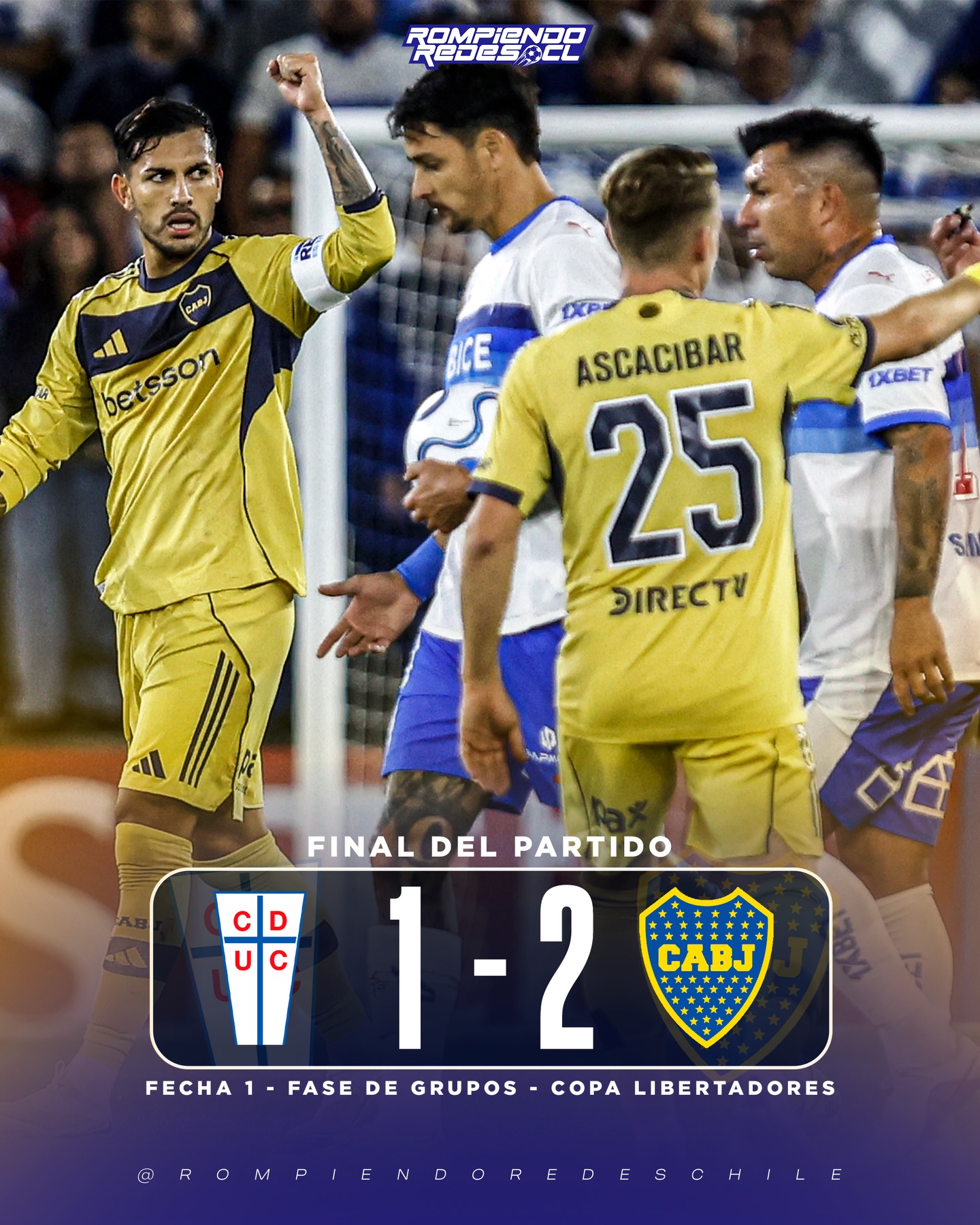 𝑳𝑨 𝑼𝑪 𝑪𝑨𝒀𝑶́ 𝑬𝑵 𝑺𝑼 𝑫𝑬𝑩𝑼𝑻 𝑨𝑵𝑻𝑬 𝑩𝑶𝑪𝑨 😢🇨🇱
Universidad Católica cayó 1-2 ante Boca Juniors y debutó con el pie izquierdo en la Copa Libertadores 2026.
La Uc tuvo un mal primero tiempo, pero en la segunda mitad Garnero movió el tablero y su equipo logró generar más peligro.
Juan Ignacio Díaz anotó el descuento cruzado.
Arbitraje bastante polémico del Uruguayo Gustavo Tejera.
¿Opiniones del partido y derrota cruzada? ✍🏻 #RR