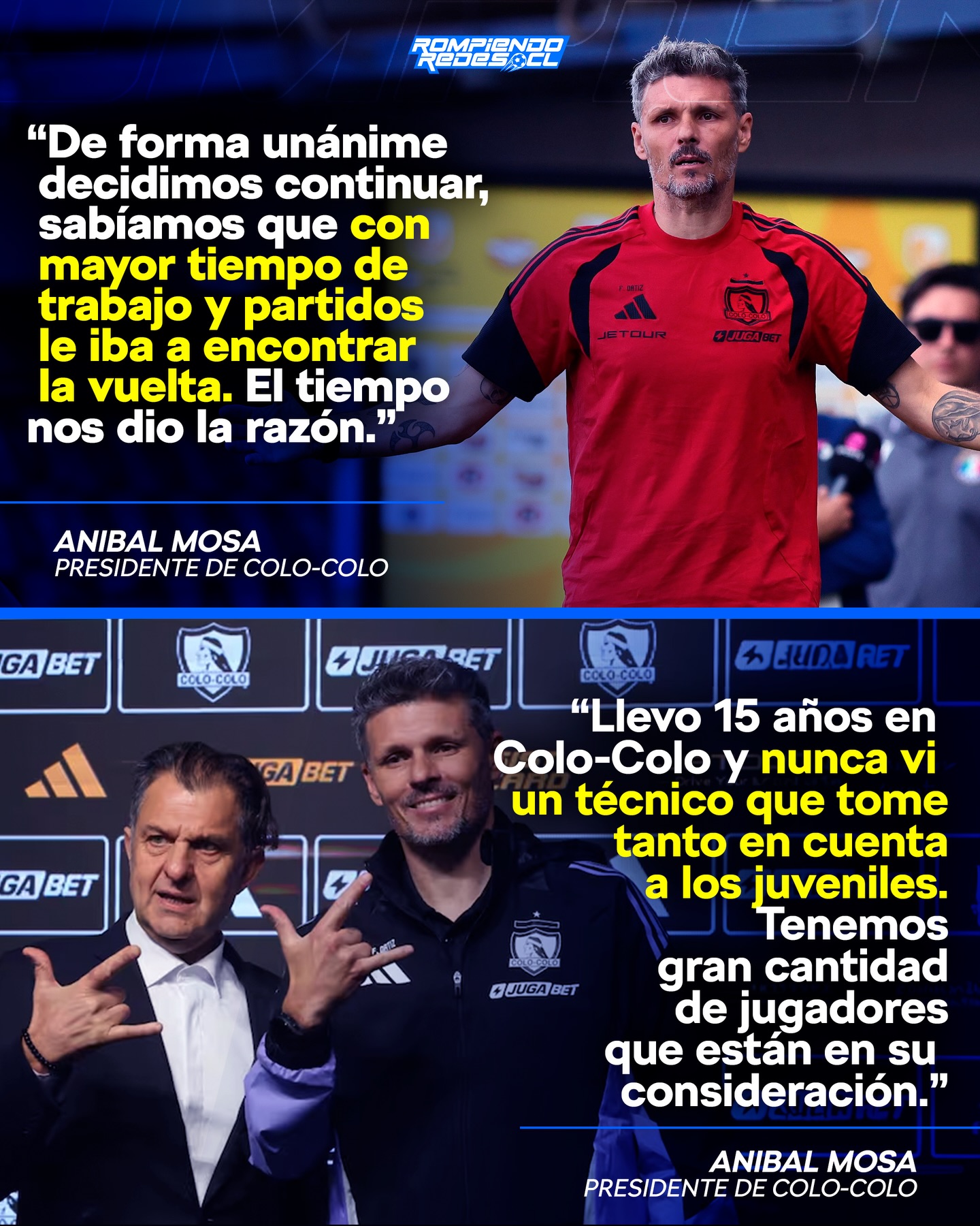 𝑳𝑶 𝑳𝑳𝑬𝑵𝑶́ 𝑫𝑬 𝑬𝑳𝑶𝑮𝑰𝑶𝑺 👏🏻
Aníbal Mosa, presidente de Colo-Colo, habló sobre el presente de Fernando Ortiz en el cacique y alabó la gran preocupación que tiene Ortiz con los juveniles y también que los tenga tan en cuenta para el primer equipo.
Además, Mosa aseguró que el directorio confiaba que el DT sacaría la tarea adelante y en esta temporada los resultados les están dando la razón.
¿Qué te parecen sus dichos? 👀✍🏻 #RR