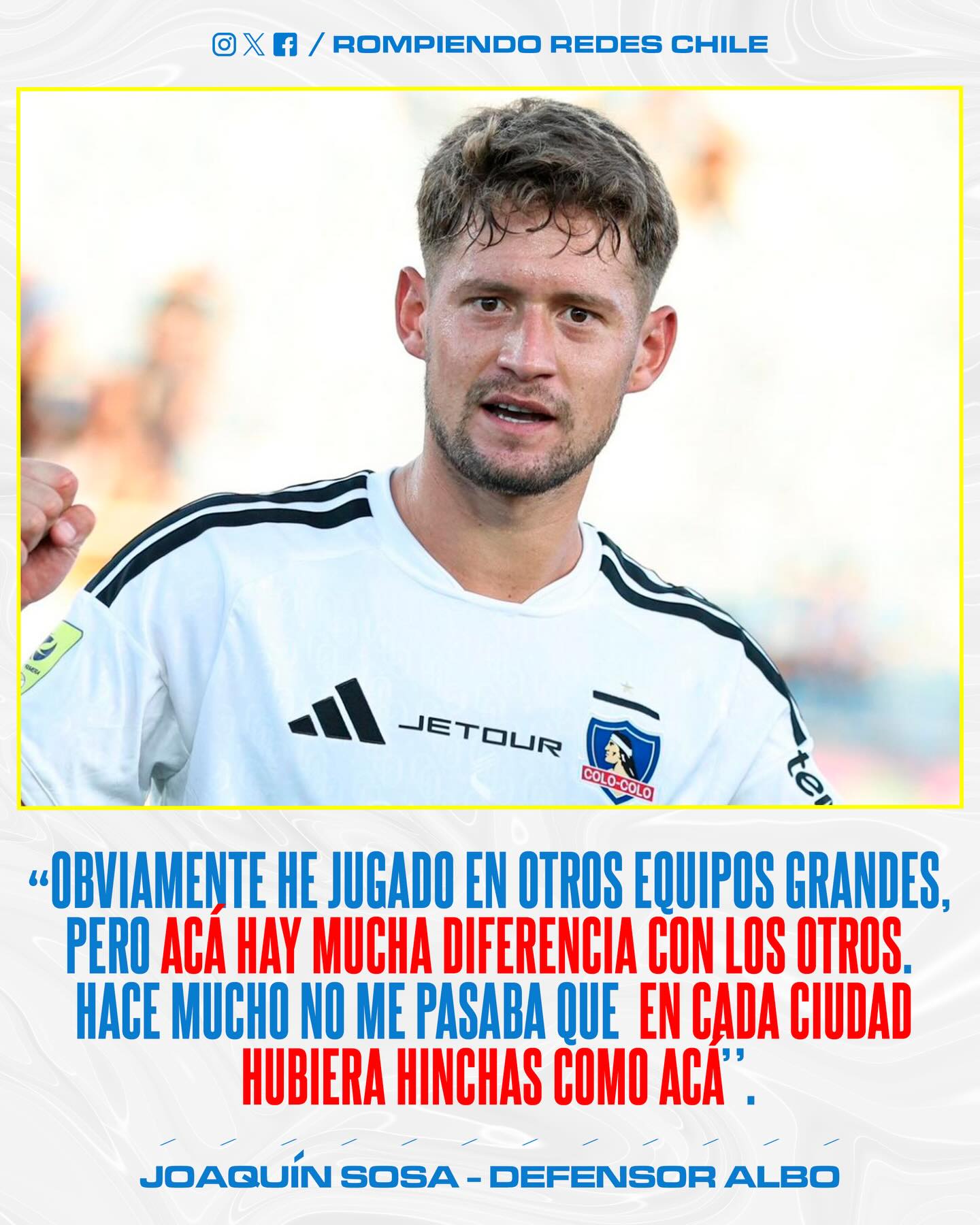 𝑬𝑵𝑪𝑨𝑵𝑻𝑨𝑫𝑶 𝑪𝑶𝑵 𝑬𝑳 𝑪𝑨𝑪𝑰𝑸𝑼𝑬🇺🇾⚪️⚫️
El defensor uruguayo de Colo-Colo, Joaquín Sosa, en conversación con Radio ADN, comentó acerca de su estadía en el elenco de Macul. El zaguero se mostró sorprendido por la magnitud del apoyo popular que recibe el equipo en el país. El defensor, con pasado en clubes de la talla de Nacional de Uruguay, destacó que la fidelidad de la hinchada alba marca una diferencia sustancial respecto a sus experiencias anteriores.
Sosa fue enfático en señalar el impacto que le genera ver seguidores del club en todas las regiones: “Hace mucho no me pasaba que en cada ciudad hubiera hinchas como acá. Obviamente he jugado en otros equipos grandes, pero acá hay mucha diferencia con los otros. Es muy lindo estar acá y estoy muy feliz de estar en este club”.
¿Qué te parece?👀✍🏽 #RR