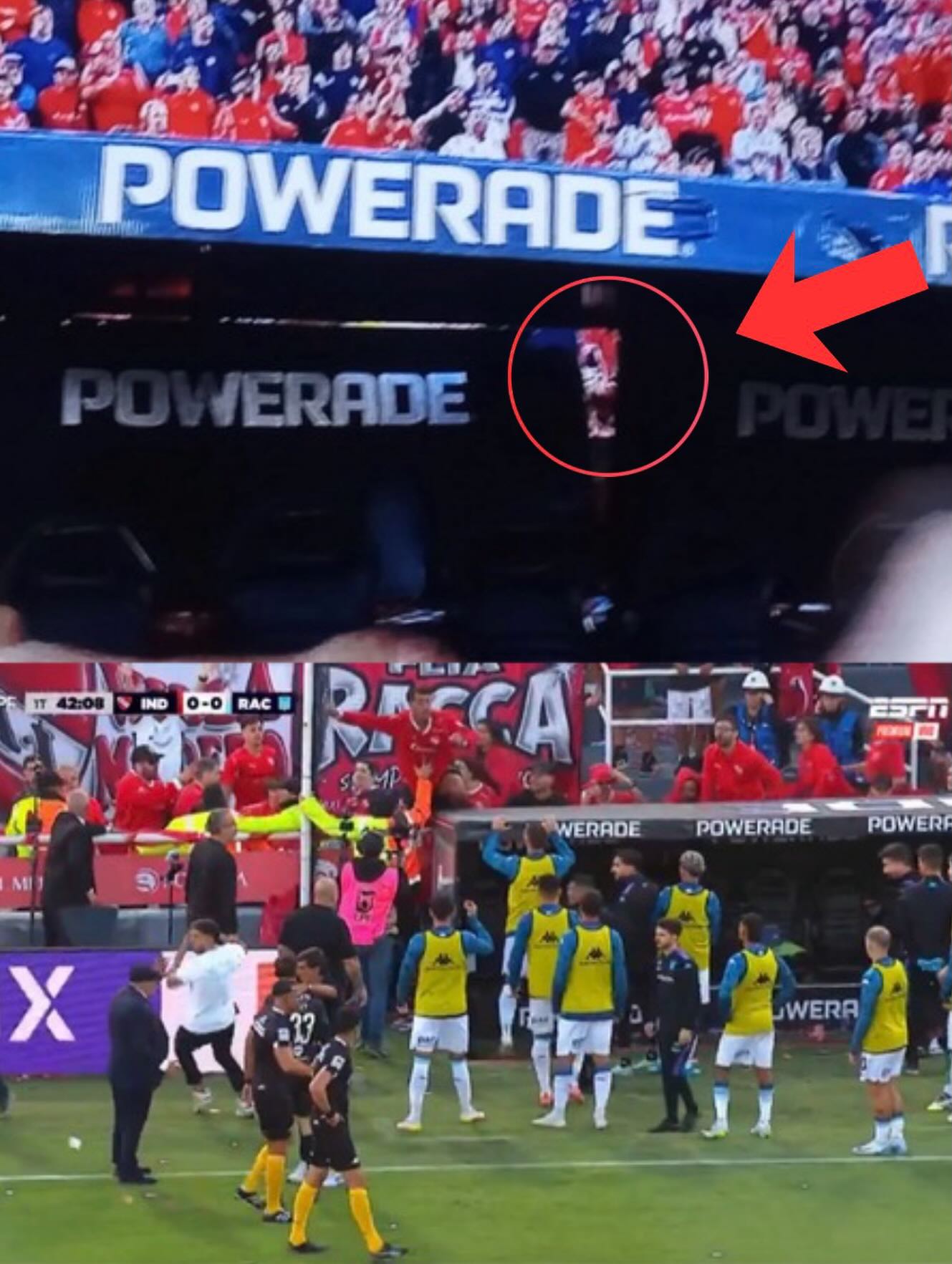 IMPRESENTABLE😡‼️
Se estaba disputando el Clásico de Avellaneda, entre Independiente y Racing, por la fecha 13 del Torneo Apertura, en la cancha del Rojo.
Sobre el final de la primera parte, un grupo de hinchas de Independiente, se acercaron a insultar e increpar a los jugadores de Racing.
Posteriormente, los hinchas locales, comenzaron a romper el banco de suplentes de la Academia.
El partido fue detenido momentáneamente y siguió el juego.
¿Qué opinas?👀✍🏽 #RR