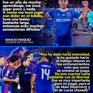 𝑯𝑶𝒀 𝑻𝑰𝑬𝑵𝑬 𝑼𝑵 𝑵𝑼𝑬𝑽𝑶 𝑨𝑰𝑹𝑬 𝑬𝑵 𝑳𝑨 𝑼🔵🔴
El volante juvenil del cuadro azul, Ignacio Vásquez, recordó lo complejo que fue el año pasado debido a las lesiones: “Fue un año de mucho aprendizaje, me tocó jugar poco y nada”. Sin embargo, hoy el panorama es distinto bajo las nuevas órdenes técnicas, destacando la libertad ofensiva que tiene junto a Guerrero y Assadi.
La apuesta por la intensidad parece ser la clave en este proceso. El “Nacho” destaca que la exigencia en el CDA es total, asegurando que “como se entrena, se juega”, una declaración que ilusiona al hincha azul con un equipo más protagonista y agresivo en campo rival.
¿Qué opinas de este renacer futbolístico del "Nacho" en la U?👀✍🏽 #RR