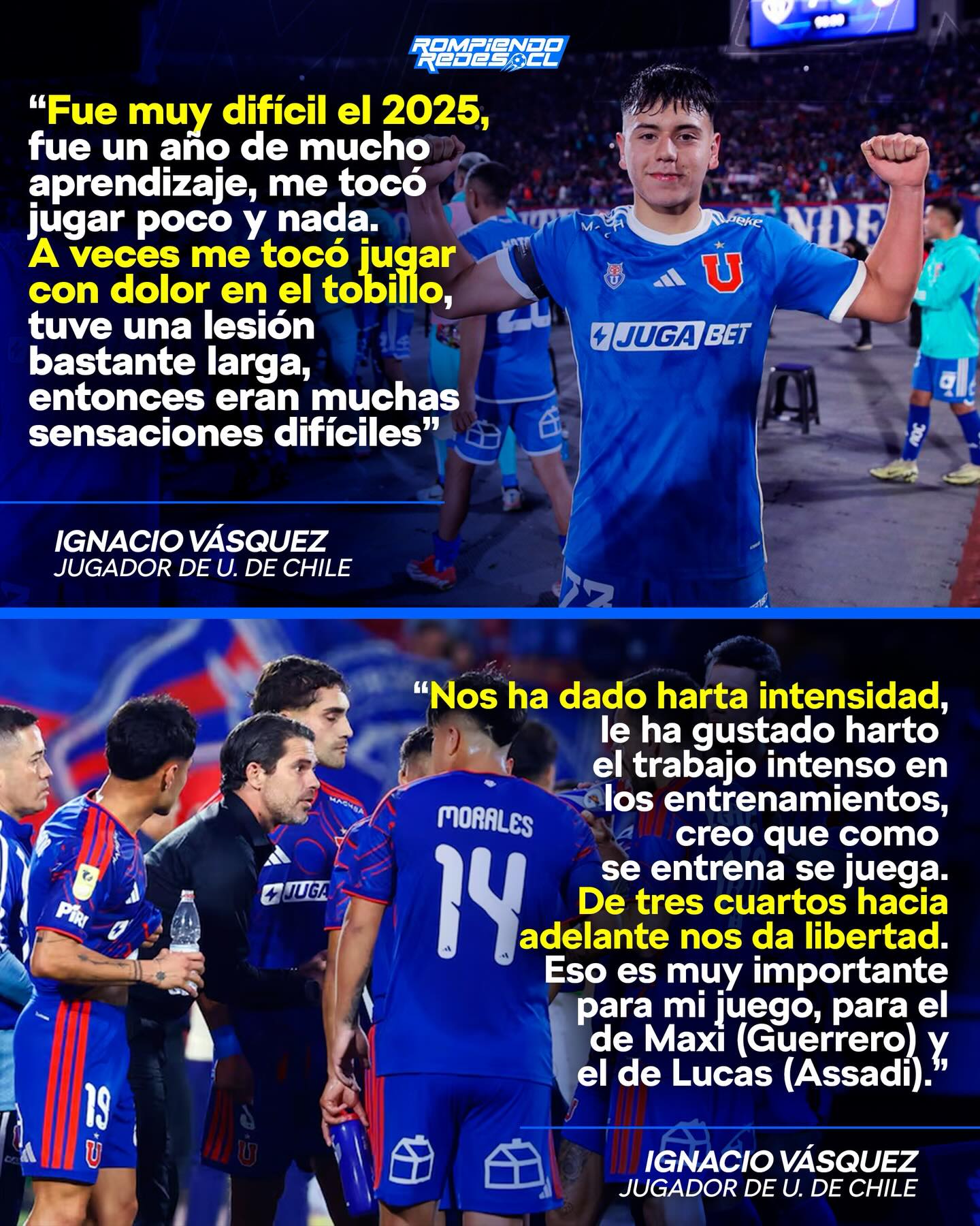 𝑯𝑶𝒀 𝑻𝑰𝑬𝑵𝑬 𝑼𝑵 𝑵𝑼𝑬𝑽𝑶 𝑨𝑰𝑹𝑬 𝑬𝑵 𝑳𝑨 𝑼🔵🔴
El volante juvenil del cuadro azul, Ignacio Vásquez, recordó lo complejo que fue el año pasado debido a las lesiones: “Fue un año de mucho aprendizaje, me tocó jugar poco y nada”. Sin embargo, hoy el panorama es distinto bajo las nuevas órdenes técnicas, destacando la libertad ofensiva que tiene junto a Guerrero y Assadi.
La apuesta por la intensidad parece ser la clave en este proceso. El “Nacho” destaca que la exigencia en el CDA es total, asegurando que “como se entrena, se juega”, una declaración que ilusiona al hincha azul con un equipo más protagonista y agresivo en campo rival.
¿Qué opinas de este renacer futbolístico del "Nacho" en la U?👀✍🏽 #RR