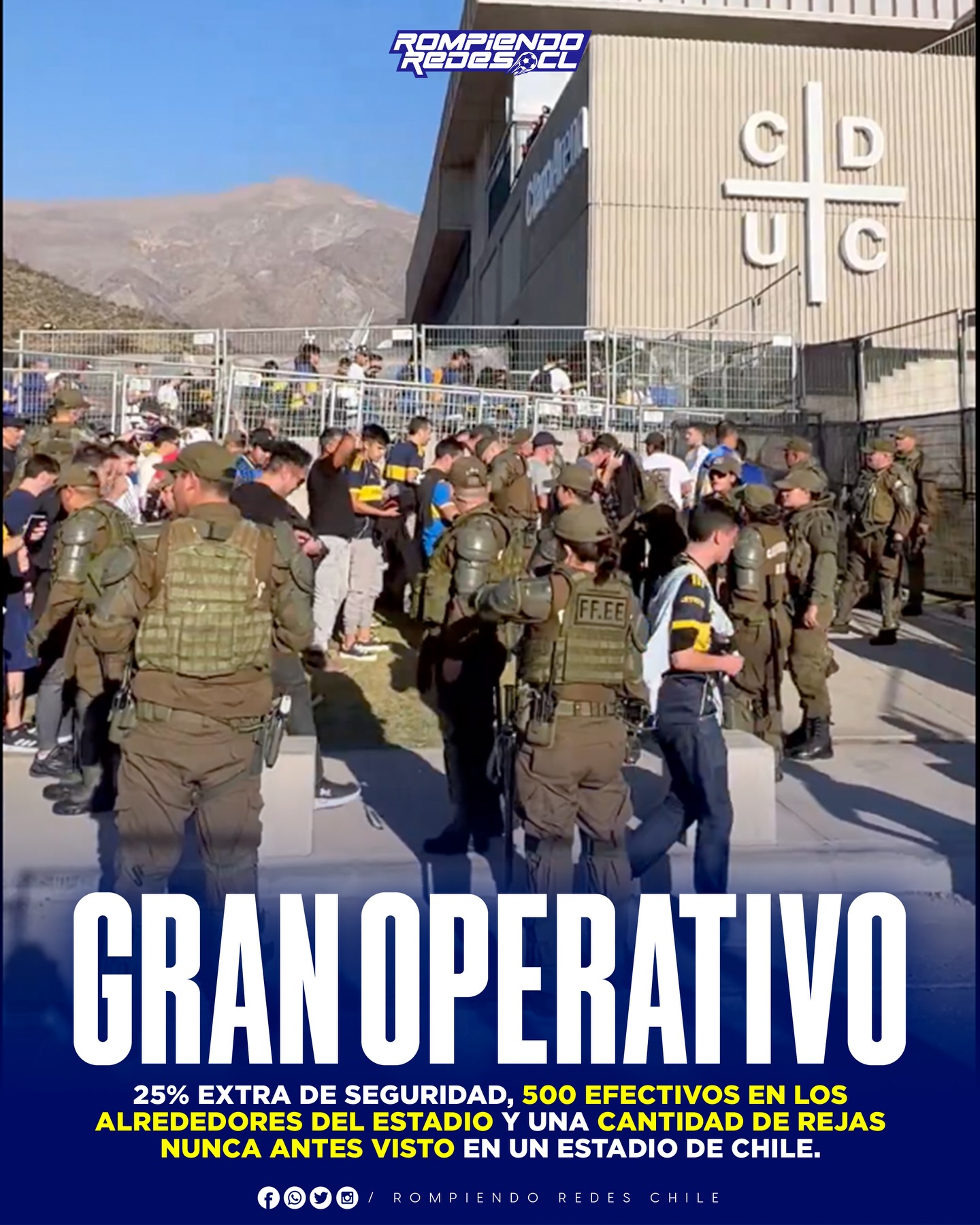 𝑱𝑶𝑹𝑵𝑨𝑫𝑨 𝑺𝑰𝑵 𝑷𝑹𝑬𝑪𝑬𝑫𝑬𝑵𝑻𝑬𝑺 🏟️🤯
El partido entre Universidad Católica y Boca Juniors ha causado bastante revuelo a nivel Sudamericano, pero más que por un tema de seguridad que por lo futbolístico.
El operativo de seguridad se incrementó en un 25% respecto a la normalidad de los partidos por el torneo nacional. Además, habrá más de 500 efectivos entre guardias y carabineros desplegados en el Claro Arena y sus alrededores.
Como si fuera poco, se instaló una cantidad de rejas nunca antes vista en los sectores que ocupará la hinchada de Boca.
¿Opiniones? 👀✍🏻 #RR