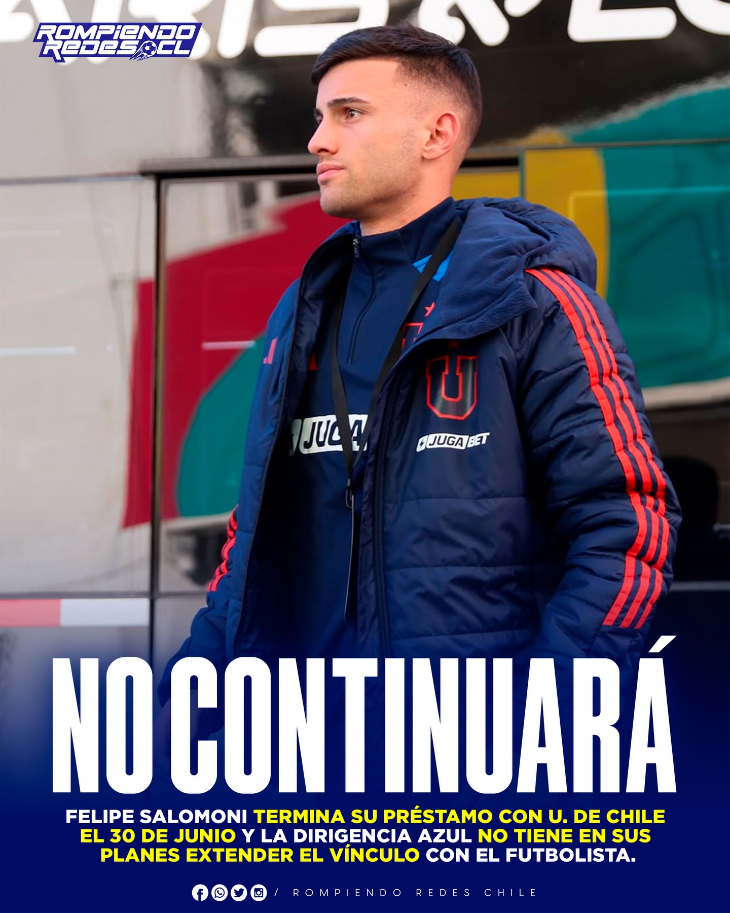 𝑺𝑬 𝑰𝑹𝑨́ 𝑨 𝑴𝑰𝑻𝑨𝑫 𝑫𝑬 𝑨𝑵̃𝑶 ✈️
Felipe Salomoni termina su préstamo en La U a mitad de año y la dirigencia azul no tiene en sus planes hacer uso de la opción de compra ni extender el préstamo.
Los azules, si querían seguir contando con el futbolista, deberían pagar 700 mil dólares, pero la dirigencia no está dispuesta a desembolsar ese dinero y lo dejarán partir a mitad de año cuando finalice oficialmente su préstamo.
¿Opiniones? 👀✍🏻 #RR