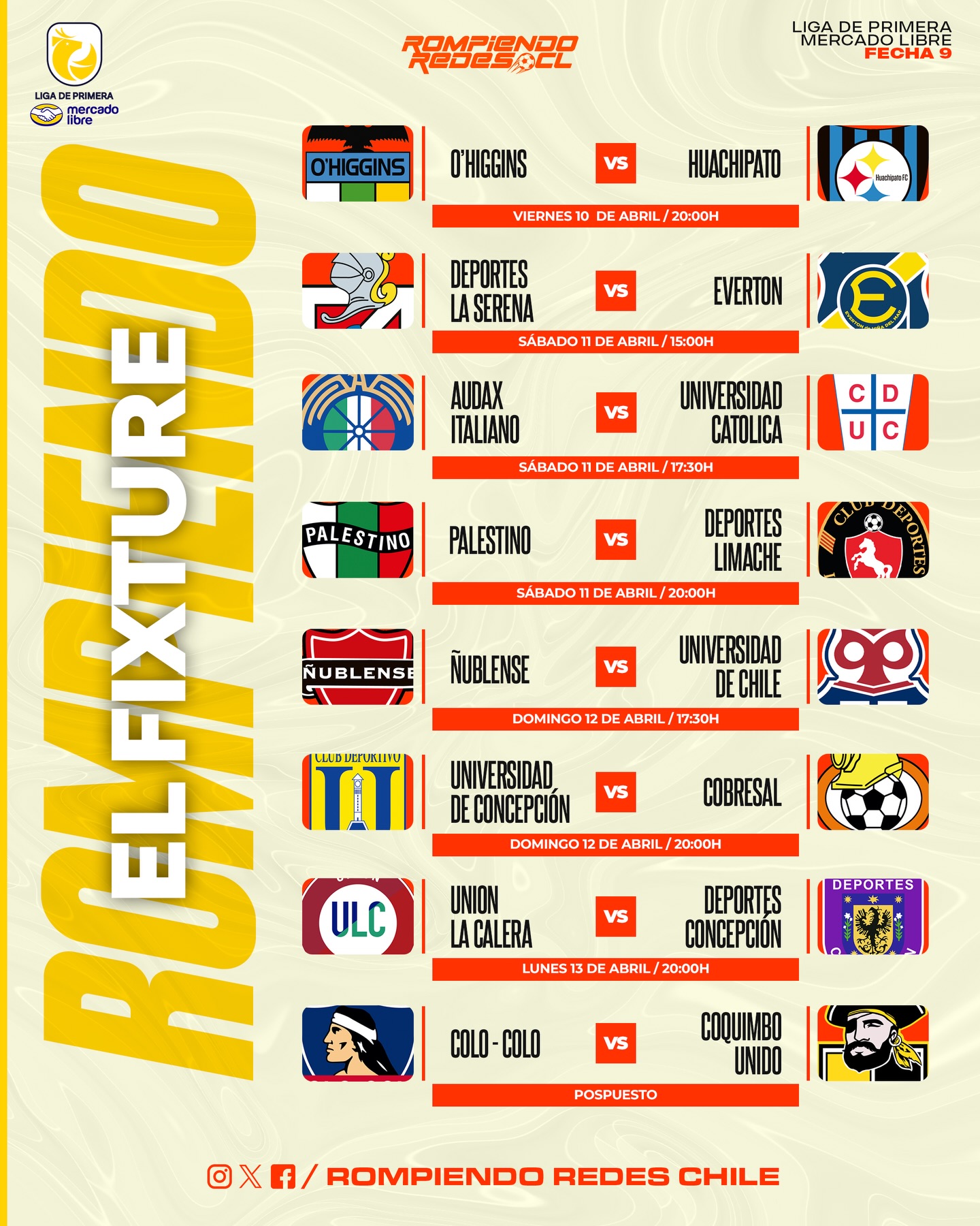 𝑬𝑳 𝑭𝑰𝑿𝑻𝑼𝑹𝑬 𝑫𝑬 𝑳𝑨 𝑪𝑯𝑰𝑳𝑬𝑨𝑵 🇨🇱🤩⚽️
Hoy comienza una nueva fecha del fútbol chileno y aquí te dejamos el fixture completo de la jornada 9 en la Liga de Primera.
¿Te animas con predicciones en esta novena fecha? 👀🇨🇱 #RR