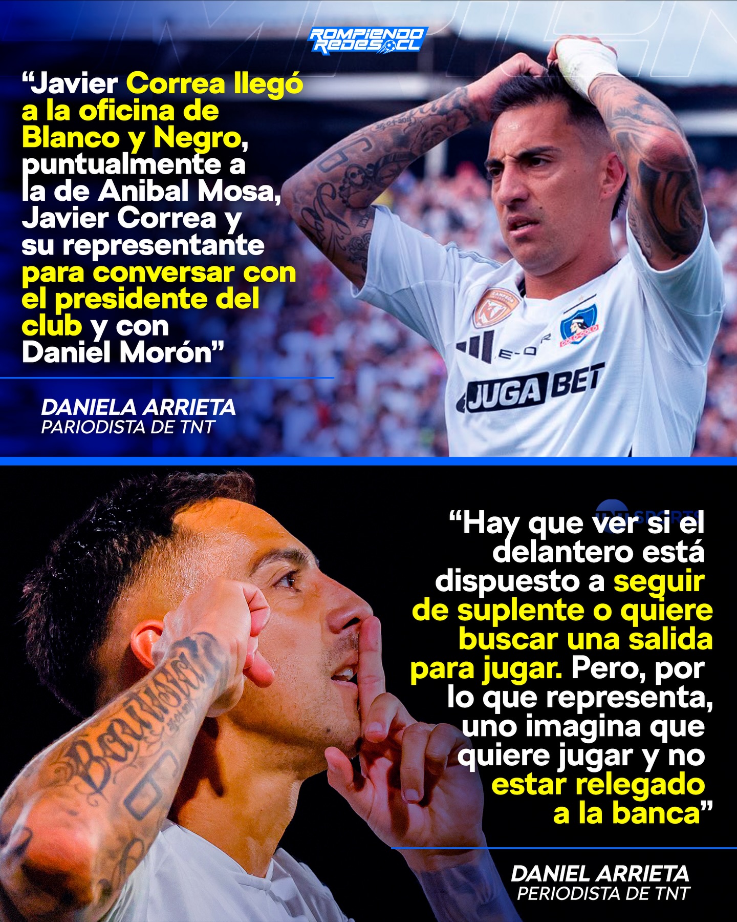 𝑷𝑰𝑫𝑰𝑶́ 𝑹𝑬𝑼𝑵𝑰𝑶́ 𝑬𝑿𝑷𝑹𝑬𝑺𝑺 🤯

Javier Correa, delantero de Colo-Colo, llegó hasta las oficinas de los directivos del club para hablar sobre su presente y futuro en el cacique.

El futbolista no está cómodo siendo suplente y por lo mismo se reunión con los directivos.

🗣️“No tengo 100% el detalle porque la reunión terminó hace muy poco, pero viendo el escenario, Correa no termina contrato ni ahora ni a mitad de año, ni en diciembre. Sin embargo, llama la atención la posición que hoy tiene de ser suplente”, agregó el periodista de TNT.

¿Opiniones? 👀✍🏻 #RR
