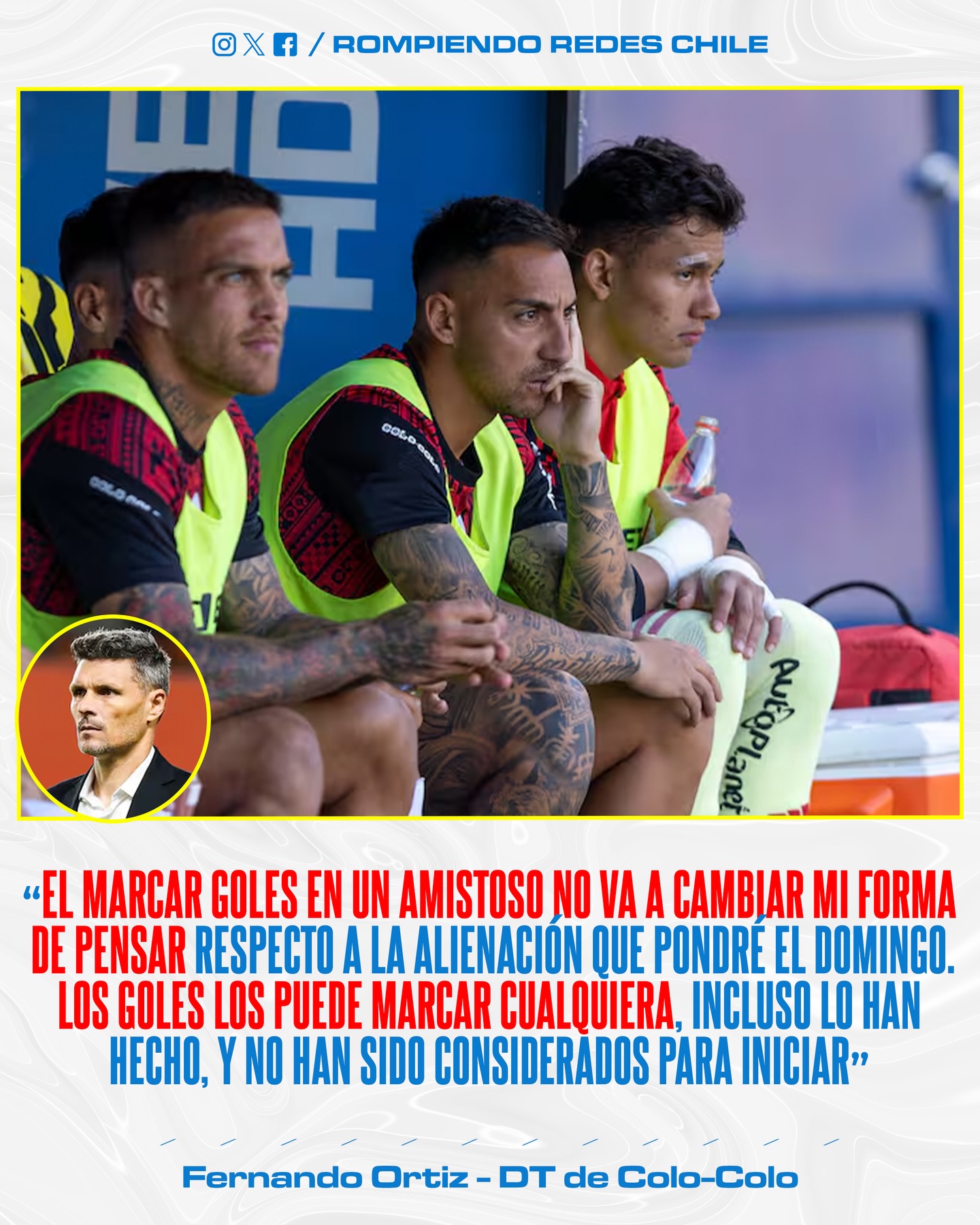 𝑬𝑳 𝑿𝑰 𝑵𝑶 𝑪𝑨𝑴𝑩𝑰𝑨𝑹𝑨́ 🧐

Fernando Ortiz, DT de Colo-Colo, agradeció tener nuevamente a la mayoría del plantel a disposición y se mostró conforme con el rendimiento que vio en los amistosos, pero también afirmó que hacer goles en amistosos no es lo mismo que en partidos oficiales.

🗣️“Eso habla de que hay una competencia interna en la que todos quieren estar. Va a jugar el que mejor lo haga semanalmente”, agregó Fernando Ortiz.

¿Qué te parecen sus palabras? 👀✍🏻 #RR
