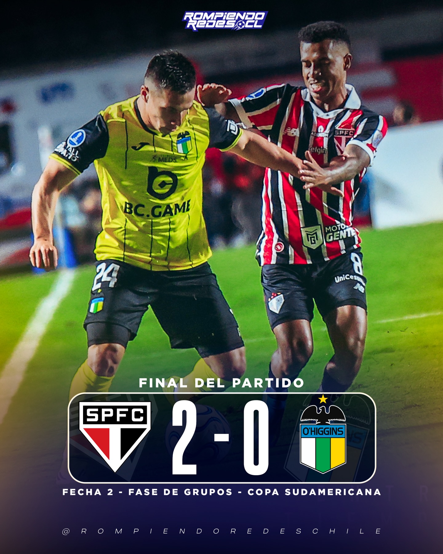 O’Higgins cayo 2-0 ante São Paulo y quedó momentáneamente en el segundo lugar de la tabla con 3 puntos. Los líderes son los brasileños con 6 unidades.

🗓️La fecha 3 la jugará O’Higgins de local y será el 28 de Abril ante Boston River. #RR