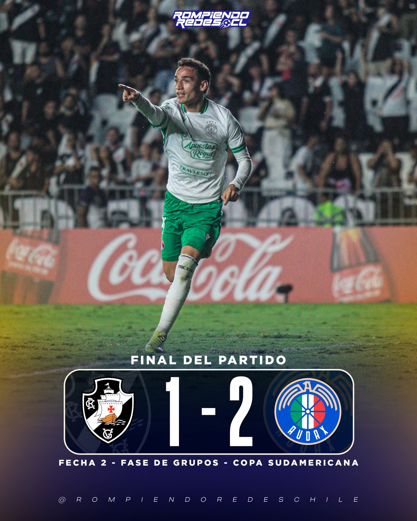 𝑨𝑼𝑫𝑨𝑿 𝑮𝑨𝑵𝑶́ 𝑬𝑵 𝑩𝑹𝑨𝑺𝑰𝑳 ‼️🤩🇨🇱

Audax Italiano dio uno de los golpes de la fecha y derrotó 1-2 a Vasco da Gama. Este triunfo dejó a los itálicos en el segundo lugar del grupo G con 3 puntos.

⚽️Michael Fuentes y Franco Troyansky anotaron.

🗓️El próximo partido de Audax es el 28 de abril ante Barracas central, en Argentina.

Felicidades, itálicos! 👏🏻🇨🇱 #RR