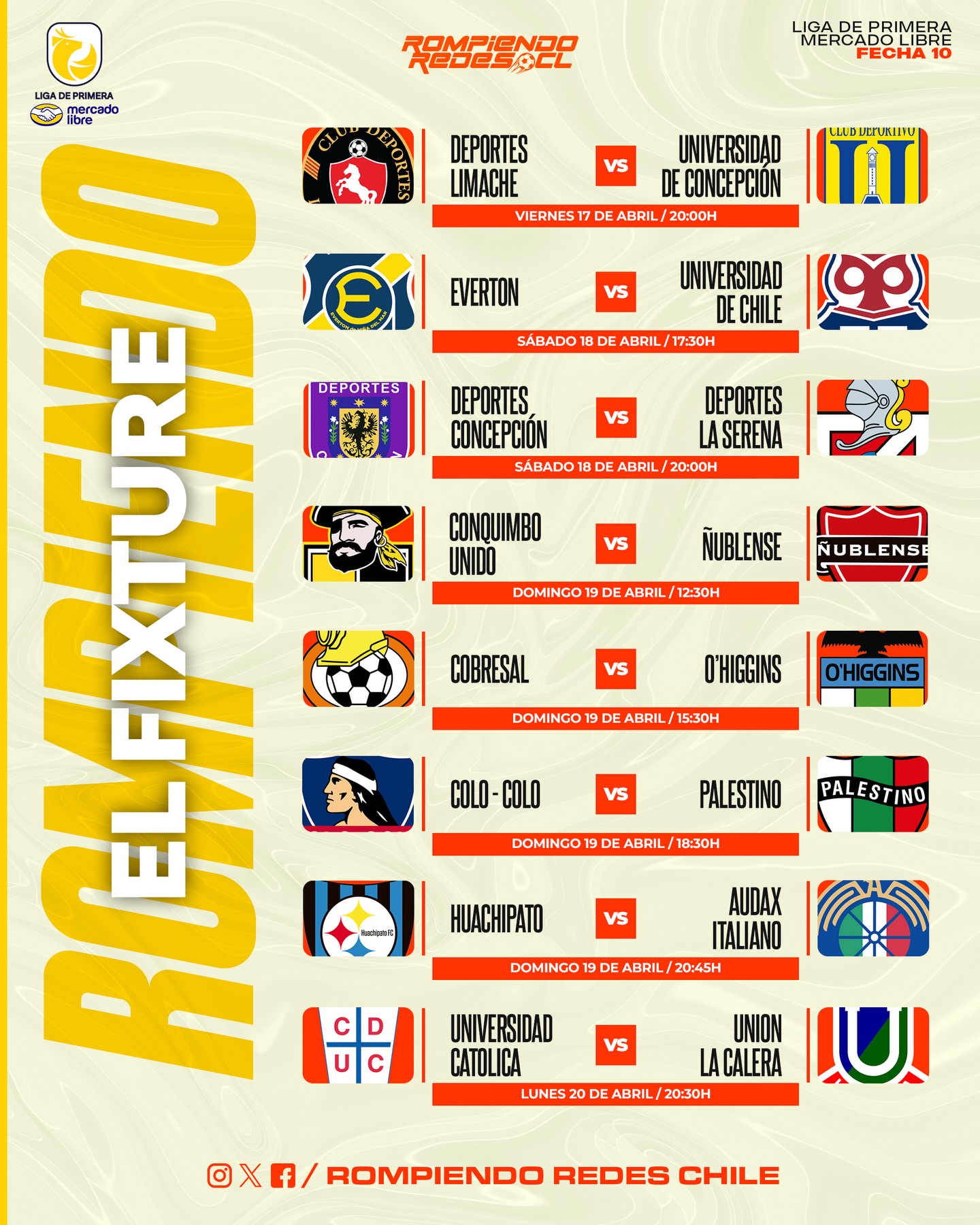 𝑬𝑳 𝑭𝑰𝑿𝑻𝑼𝑹𝑬 𝑫𝑬 𝑳𝑨 𝑪𝑯𝑰𝑳𝑬𝑨𝑵 🇨🇱🤩⚽️ 

Hoy comienza una nueva fecha del fútbol chileno y aquí te dejamos el fixture completo de la jornada 10 en la Liga de Primera.

¿Te animas con predicciones en esta décima fecha? 👀🇨🇱 #RR