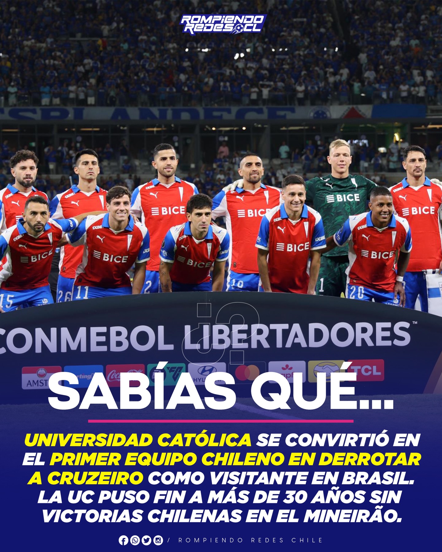 𝑺𝑬 𝑪𝑶𝑹𝑻𝑶́ 𝑳𝑨 𝑴𝑨𝑳𝑨 𝑹𝑨𝑪𝑯𝑨 🤩

El triunfo de Universidad Católica no fue sólo importante para el club cruzado, sino que también para todo el fútbol chileno.

La victoria de la Uc es LA PRIMERA DE UN EQUIPO CHILENO VS CRUZEIRO EN BRASIL y cortó una racha de más de 30 años sin que clubes chilenos celebrasen en el Minairaõ.

¿Qué tal? 🤩✍🏻🇨🇱 #RR