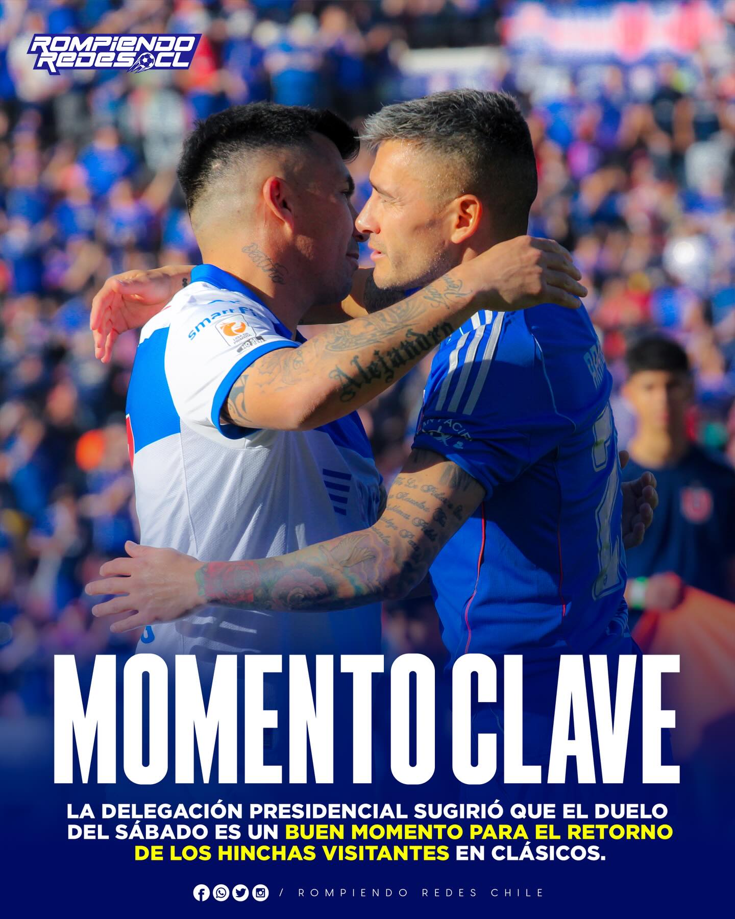 ¿𝑪𝑳𝑨́𝑺𝑰𝑪𝑶𝑺 𝑪𝑶𝑵 𝑽𝑰𝑺𝑰𝑻𝑨? 🤯

😯La delegación presidencial de la región metropolitana sorprendió con una importante sugerencia para el Clásico Universitario, el cual se disputará este sábado, 25 de abril.

🏟️Según informó DSports, el Gobierno de Chile propuso que el enfrentamiento entre azules y cruzados se dispute con público visitante en el Estadio Nacional.

🫡La medida forma parte de la estrategia liderada por el Delegado Presidencial, Germán Codina, que busca normalizar la asistencia de público visita en encuentros de alta convocatoria (Clase A). Pese a esto, desde el Centro Deportivo Azul aún mantienen silencio institucional frente al ofrecimiento del Gobierno. 

🤔Por ahora, la incertidumbre rodea la venta de boletos: aunque existe una disponibilidad de 3.000 entradas por vender, estas se encuentran bloqueadas en el sistema oficial del club sin una explicación clara.

¿Debería jugarse con ambas hinchadas en el Estadio Nacional?👀✍🏽 #RR