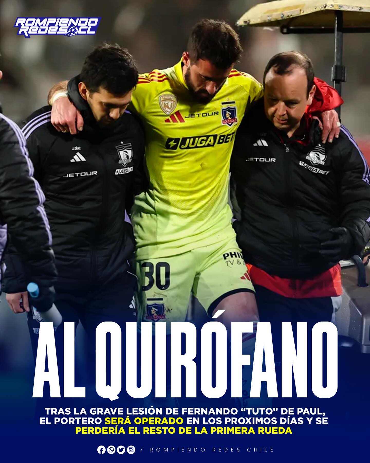 𝑭𝑼𝑬 𝑴𝑨́𝑺 𝑮𝑹𝑨𝑽𝑬 𝑫𝑬 𝑳𝑶 𝑸𝑼𝑬 𝑺𝑬 𝑷𝑬𝑵𝑺𝑨𝑩𝑨: 𝑺𝑬𝑹𝑨́ 𝑶𝑷𝑬𝑹𝑨𝑫𝑶😯‼️

🚑El cuerpo médico de Colo-Colo ratificó la gravedad de la lesión sufrida por el guardameta Fernando de Paul tras el último encuentro frente a Palestino. 

🤕El diagnóstico oficial indica una desinserción de uno de sus isquiotibiales, lo que implica la rotura del tendón en su unión con el hueso.

🏥El portero será operado en las próximas horas para iniciar de inmediato su proceso de rehabilitación. Aunque el plazo exacto se definirá tras la cirugía, es un hecho que De Paul se ausentará por el resto del semestre, quedando descartado para el cierre de la competencia oficial.

🔄Ante esta sensible baja, el cuerpo técnico deberá recurrir a los juveniles de la cantera, Eduardo Villanueva (21 años) y Gabriel Maureira (19 años), quienes son las únicas opciones naturales disponibles en la lista de buena fe para custodiar la portería alba en el tramo final de la temporada.

¿Quién debería ser el elegido para cuidar los 3 palos en Macul, alguno de los canteranos o deberían ir por un portero 'calado' para el segundo semestre?👀✍🏽 #RR