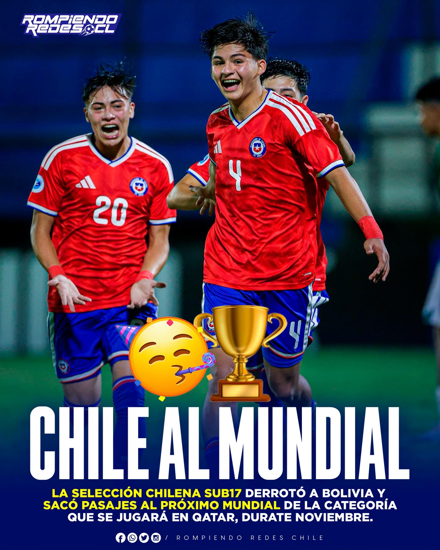 𝑳𝑨 𝑹𝑶𝑱𝑨 𝑺𝑼𝑩-17 𝑽𝑨 𝑨𝑳 𝑴𝑼𝑵𝑫𝑰𝑨𝑳🇨🇱🌎‼️

Chile se impuso por 4-0 ante Bolivia y sacó pasajes al Mundial Sub 17 por segundo año consecutivo.

Con goles de Amaro Riveros, Joaquín Muñoz, Baltazar Orostica e Ignacio Cerda, los dirigidos por Ariel Leporati, se meten en un nueva Copa del Mundo juvenil.

El torneo se disputará a partir del 3 de noviembre en Qatar, y termina el 27 del mismo mes.

¿Opiniones de la clasificación de La Rojita?👀✍🏽 #RR