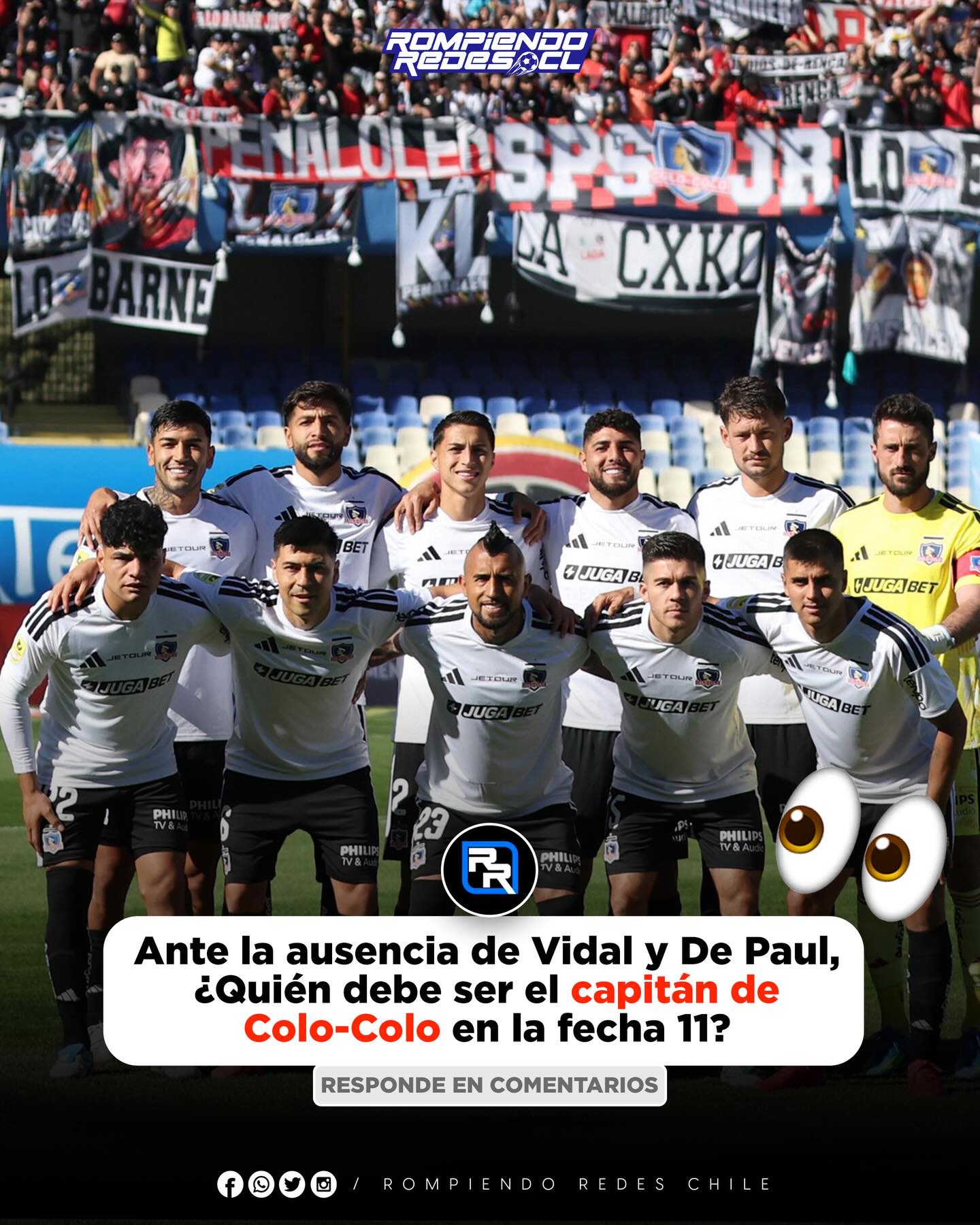 𝑪𝑶𝑵𝑺𝑼𝑳𝑻𝑨 𝑷𝑨𝑹𝑨 𝑬𝑳 𝑷𝑼𝑬𝑩𝑳𝑶 𝑨𝑳𝑩𝑶👀‼️✍🏽

La lesión de Fernando de Paul y la ausencia de Arturo Vidal deja la jineta del Cacique, sin dueño para el partido ante el Campanil en Concepción de este domingo. 

Se espera que quien tome esta gran responsabilidad, sea Javier Correa, quien agarró la capitanía en la derrota frente a Palestino, siendo una decisión muy cuestionada.

Ante esta situación, hinchas albos, ¿Quién debiese ser el capitán del Cacique en este encuentro? 

Te leemos👀✍🏽 #RR