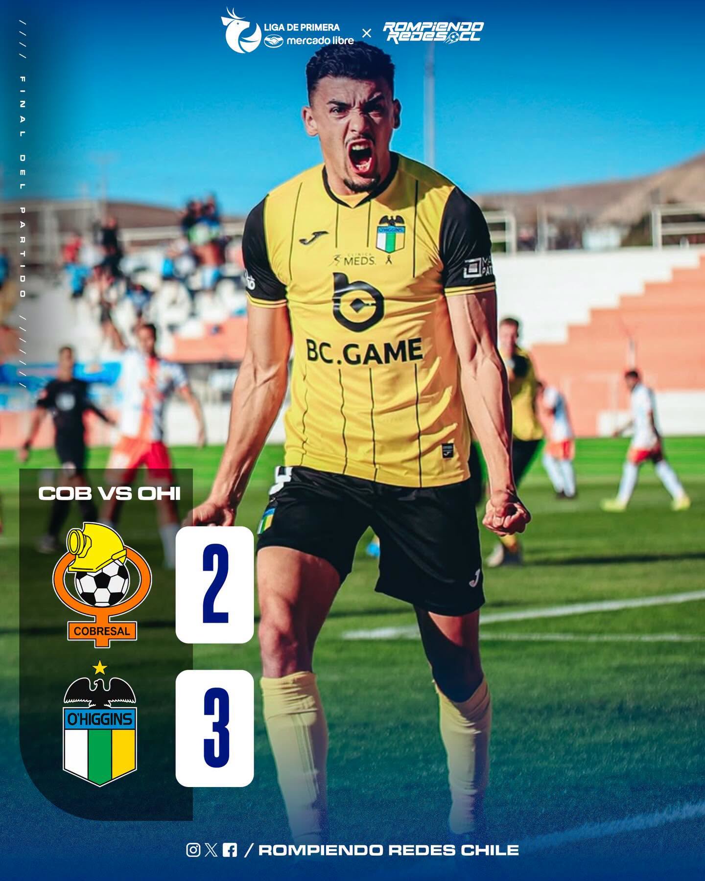 𝑰𝑴𝑷𝑶𝑹𝑻𝑨𝑵𝑻𝑬 𝑻𝑹𝑰𝑼𝑵𝑭𝑶 𝑪𝑬𝑳𝑬𝑺𝑻𝑬 𝑬𝑵 𝑬𝑳 𝑵𝑶𝑹𝑻𝑬🇧🇼

🔥O’higgins de Rancagua derrotó como forastero a Cobresal por 3-2 en un intenso encuentro en El Salvador.

⚽️En el Capo de Provincia, convirtieron Arnaldo Castillo y Thiago Vecino (x2). Por otro lado, en el elenco minero, descontaron Julián Brea y José Tiznado.

📊 Con este resultado, O’higgins asciende a la quinta posición de la tabla, quedando con 16 puntos. Por su parte, Cobresal se mantiene al borde de los puestos de descenso con solo 10 puntos.

¿Opiniones del triunfo celeste?👀✍🏽 #RR