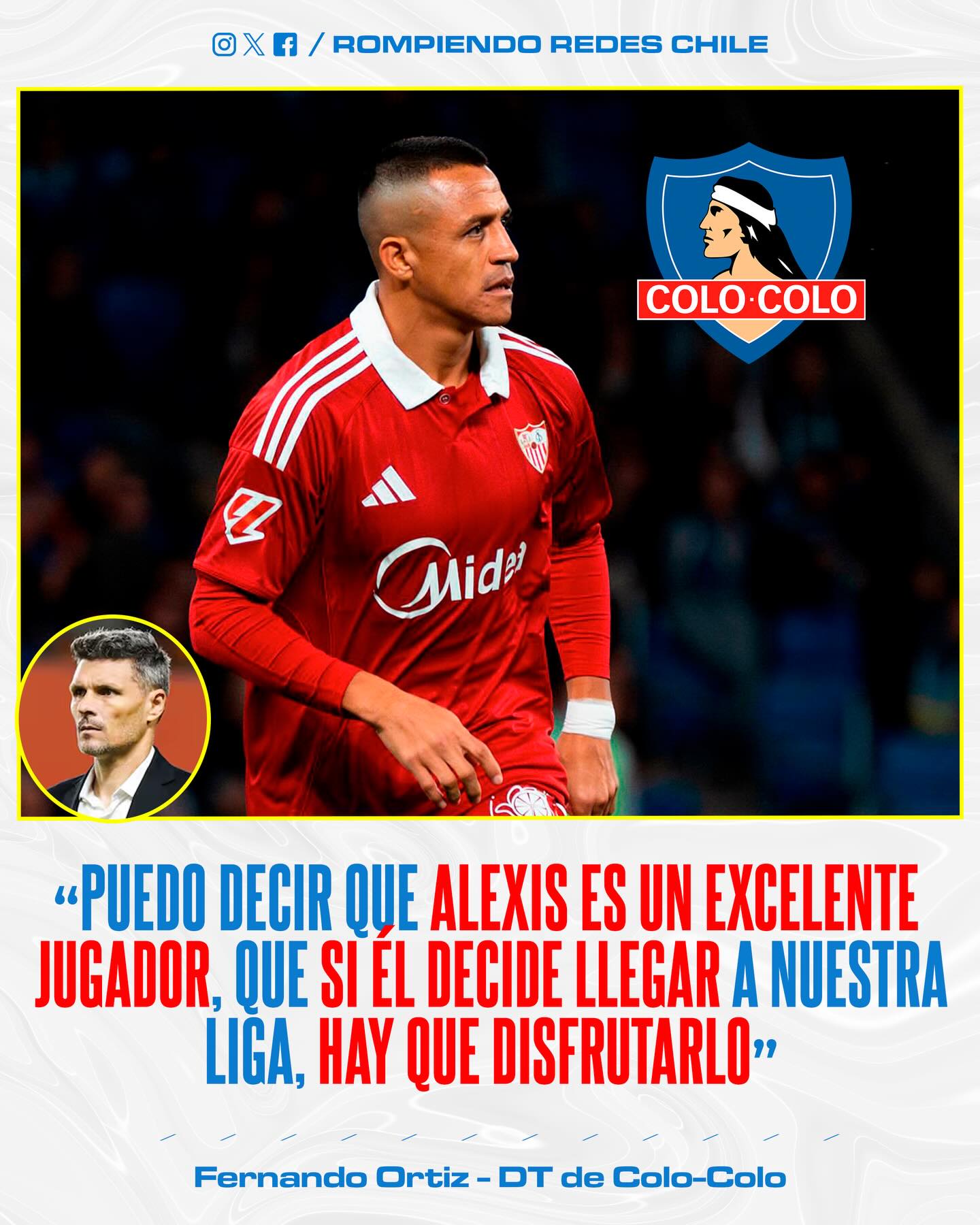 𝑳𝑶 𝑸𝑼𝑰𝑬𝑹𝑬 𝑫𝑬 𝑽𝑼𝑬𝑳𝑻𝑨👀⚪️⚫️

⚽️El futuro de Alexis Sánchez en Europa parece tener fecha de vencimiento. Tras una temporada complicada en el Sevilla, donde el equipo pelea en la parte baja y su contrato expira en junio, los rumores de una vuelta a Chile suenan cada vez más fuerte.

😯Tras el último triunfo del Cacique ante Coquimbo Unido, el DT Fernando Ortiz no esquivó la situación y le mandó un tremendo guiño al goleador histórico de la Roja: “Puedo decir que Alexis es un excelente jugador... si él decide llegar a nuestra liga, hay que disfrutarlo”. 

👀Aunque la Universidad de Chile también asoma en el horizonte, en Macul dejaron las puertas abiertas de par en par para recibir a una leyenda.

¿Será que veremos a Alexis de vuelta en el Monumental para la segunda rueda?👀✍🏽
