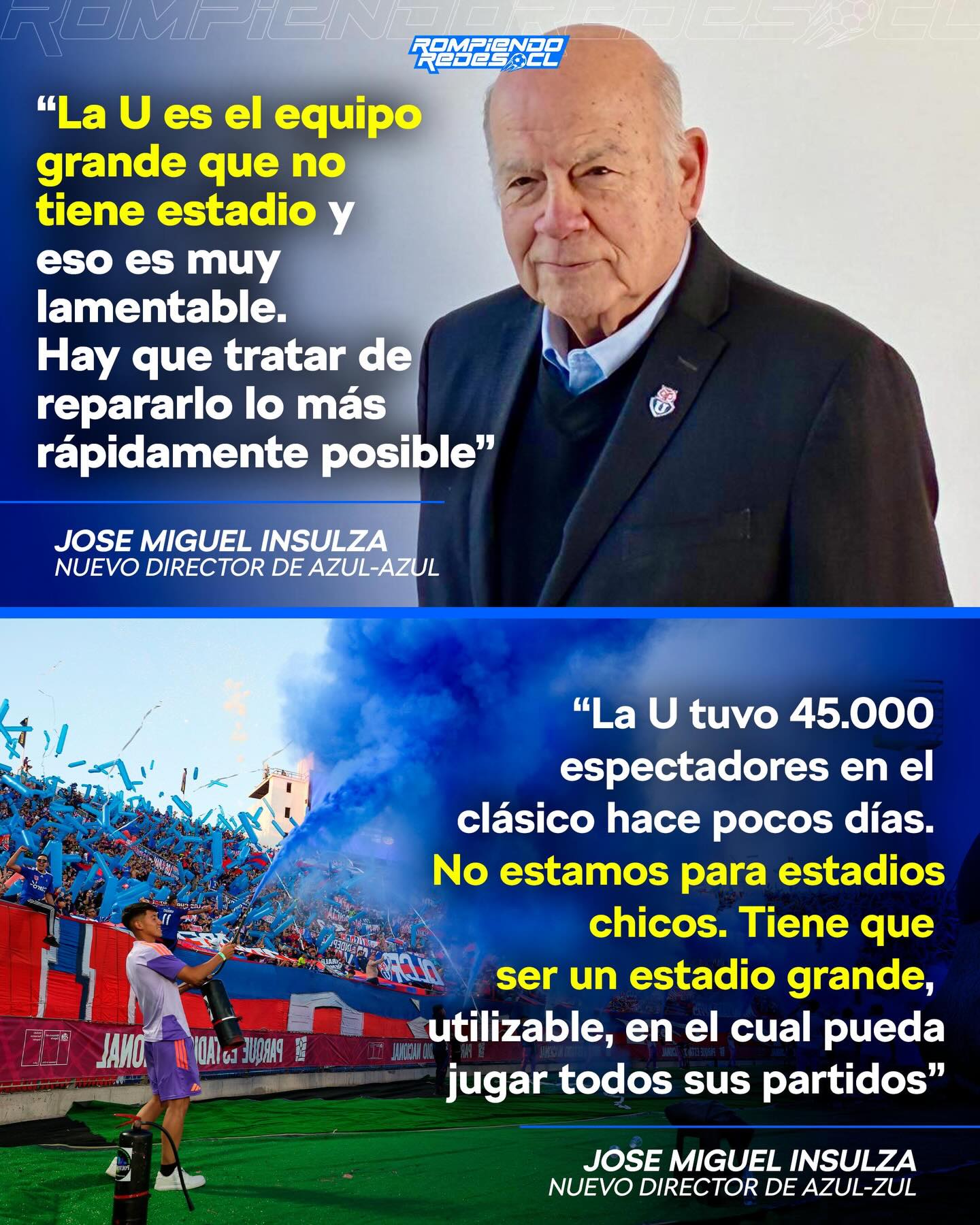 "𝑵𝑶 𝑬𝑺𝑻𝑨𝑴𝑶𝑺 𝑷𝑨𝑹𝑨 𝑬𝑺𝑻𝑨𝑫𝑰𝑶𝑺 𝑪𝑯𝑰𝑪𝑶𝑺"👀🔥

La llegada de José Miguel Insulza al directorio de Azul Azul trae consigo una postura clara: terminar con la itinerancia de la U. 

El directivo fue enfático en que la historia y la convocatoria del club exigen un estadio a la altura, descartando proyectos de menor escala.
Con el respaldo de las últimas asistencias masivas en el Nacional, la nueva dirigencia pone la primera piedra mediática de lo que será su gestión. 

¿Será este el impulso definitivo que necesita el club?👀✍🏽 #RR
