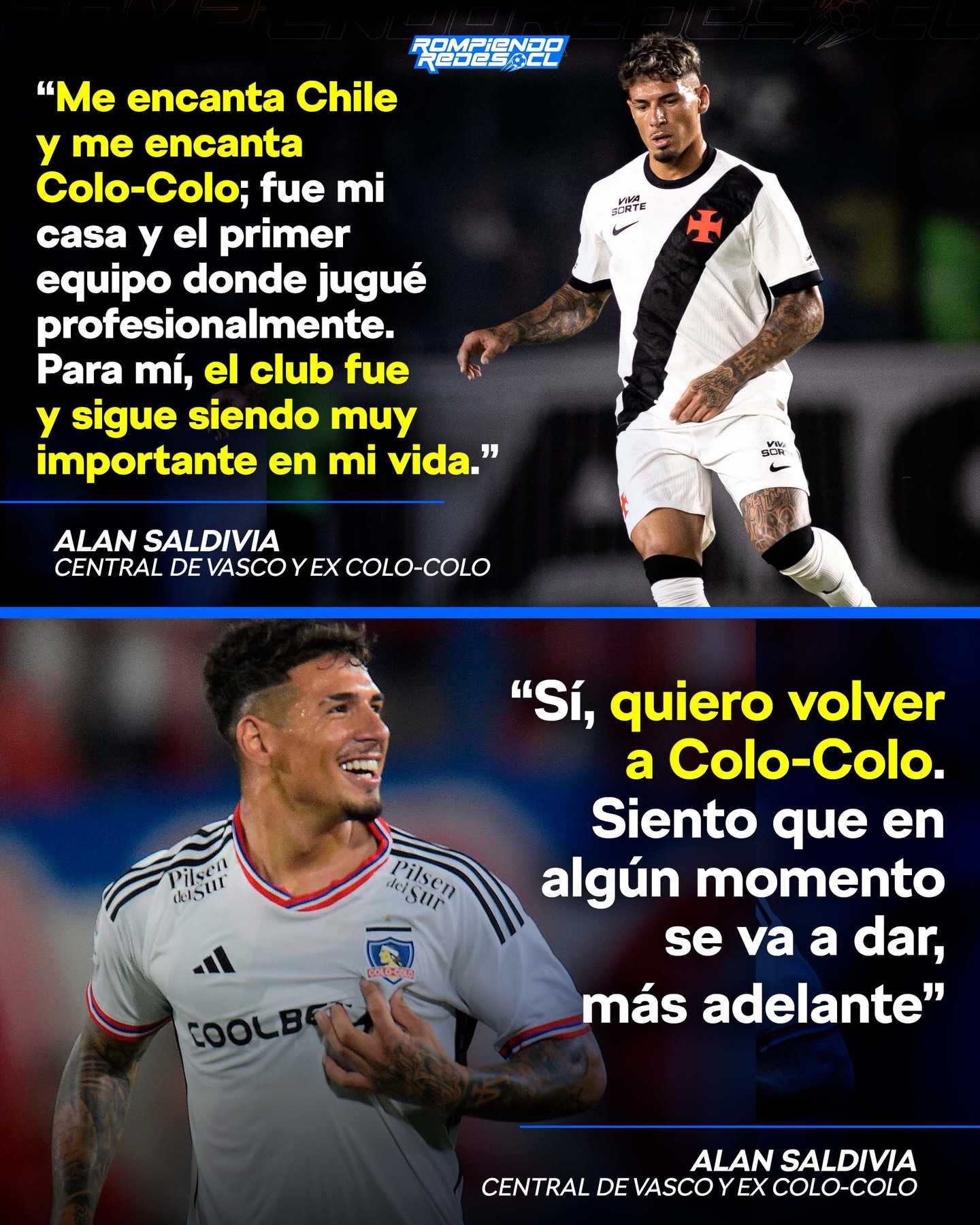Alan Saldivia, central uruguayo que milita en Vasco Da Gama, habló tras el triunfo ante Audax Italiano y afirmó que tiene muy buenos recuerdos de nuestro país y que le encantaría volver a jugar en Colo-Colo.

¿Te gustaría verlo nuevamente en el cacique? 👀✍🏻 #RR