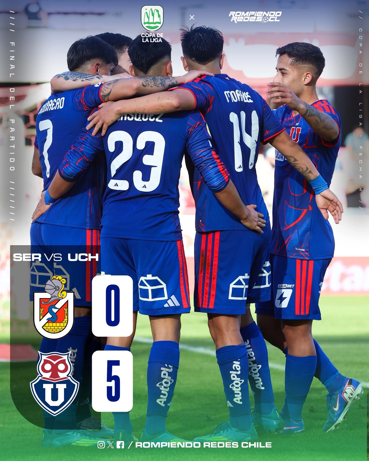 𝑻𝑹𝑬𝑴𝑬𝑵𝑫𝑨 𝑮𝑶𝑳𝑬𝑨𝑫𝑨 𝑨𝒁𝑼𝑳 ‼️

Universidad de Chile tuvo una tarde prácticamente perfecta y derrotó inapelablemente a Deportes La Serena, en el partido válido por la fecha 4 de la Copa de la Liga.

📊El triunfo dejó a los azules LÍDERES del grupo con 7 puntos y +6 de diferencia de goles. Los papayeros se quedan COLISTAS del grupo con solo 1 unidad.

⚽️Arce, Lucero, Vázquez y Guerrero x2 anotaron los goles.

¿Qué les pareció el partido y triunfo azul? 👀✍🏻 #RR