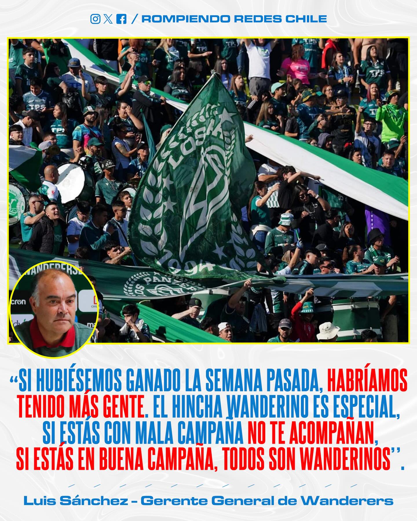 𝑷𝑶𝑳𝑬́𝑴𝑰𝑪𝑨 𝑬𝑵 𝑬𝑳 𝑷𝑼𝑬𝑹𝑻𝑶‼️😯🟢

Tras el amargo empate 2-2 contra Deportes Temuco en el Elías Figueroa Luis Sánchez, gerente general e hijo del presidente Reinaldo Sánchez, cuestionó la fidelidad de la hinchada ante la asistencia en el Estadio Elías Figueroa.

“El wanderino es especial, si estás con mala campaña no te acompañan; si estás en buena campaña, todos son wanderinos”, lanzó el dirigente, desatando una ola de críticas por parte de la parcialidad verde.

 La polémica llega en un momento clave del 2026, con el Decano luchando por volver a Primera y una relación hinchada-dirigencia que parece estar más quebrada que nunca.

¿Qué te parecen estas declaraciones?👀✍🏽 #RR