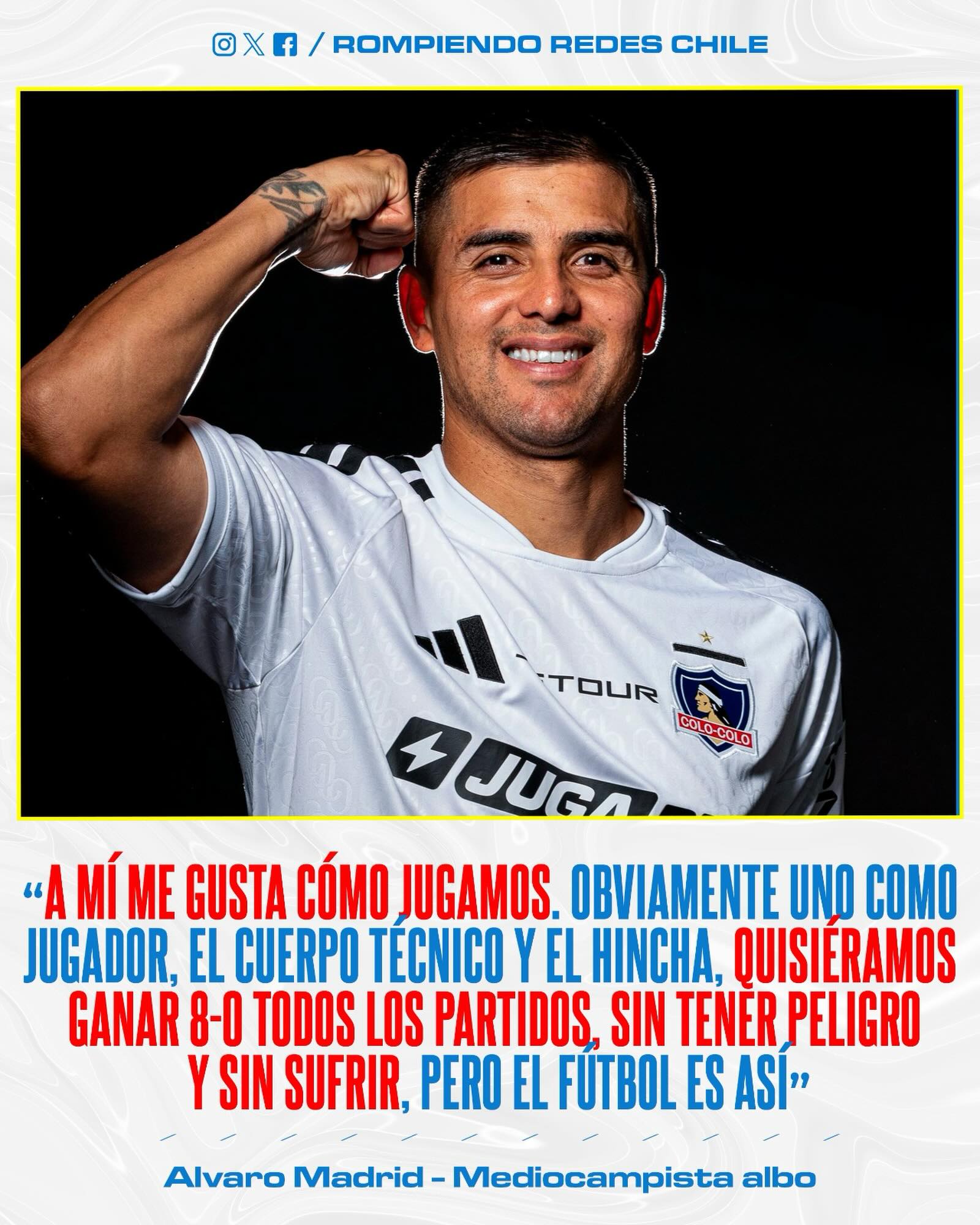 𝑬𝑳 𝑽𝑶𝑳𝑨𝑵𝑻𝑬 𝑨𝑳𝑩𝑶 𝑫𝑨 𝑬𝑳 𝑽𝑰𝑺𝑻𝑶 𝑩𝑼𝑬𝑵𝑶 𝑨𝑳 𝑭𝑼𝑵𝑪𝑰𝑶𝑵𝑨𝑴𝑰𝑬𝑵𝑻𝑶 𝑫𝑬𝑳 𝑬𝑸𝑼𝑰𝑷𝑶✅⚪️⚫️

⚪️Pese a las exigencias del pueblo albo, el mediocampista Álvaro Madrid, respaldó totalmente el proceso actual. 

🗣️A través de una rueda de prensa, el ex-Everton, enfatizó en que la clave está en entender que no siempre se puede ganar "caminado", pero que el equipo tiene una identidad clara que lo deja tranquilo de cara a los próximos desafíos de la temporada.

👊Además, señaló que: “los rivales también te estudian y los rivales también juegan, también se preparan semana a semana. Entonces es muy difícil”.

¿Estás de acuerdo con las declaraciones de Madrid sobre el planteamiento de Colo-Colo?👀✍🏽#RR