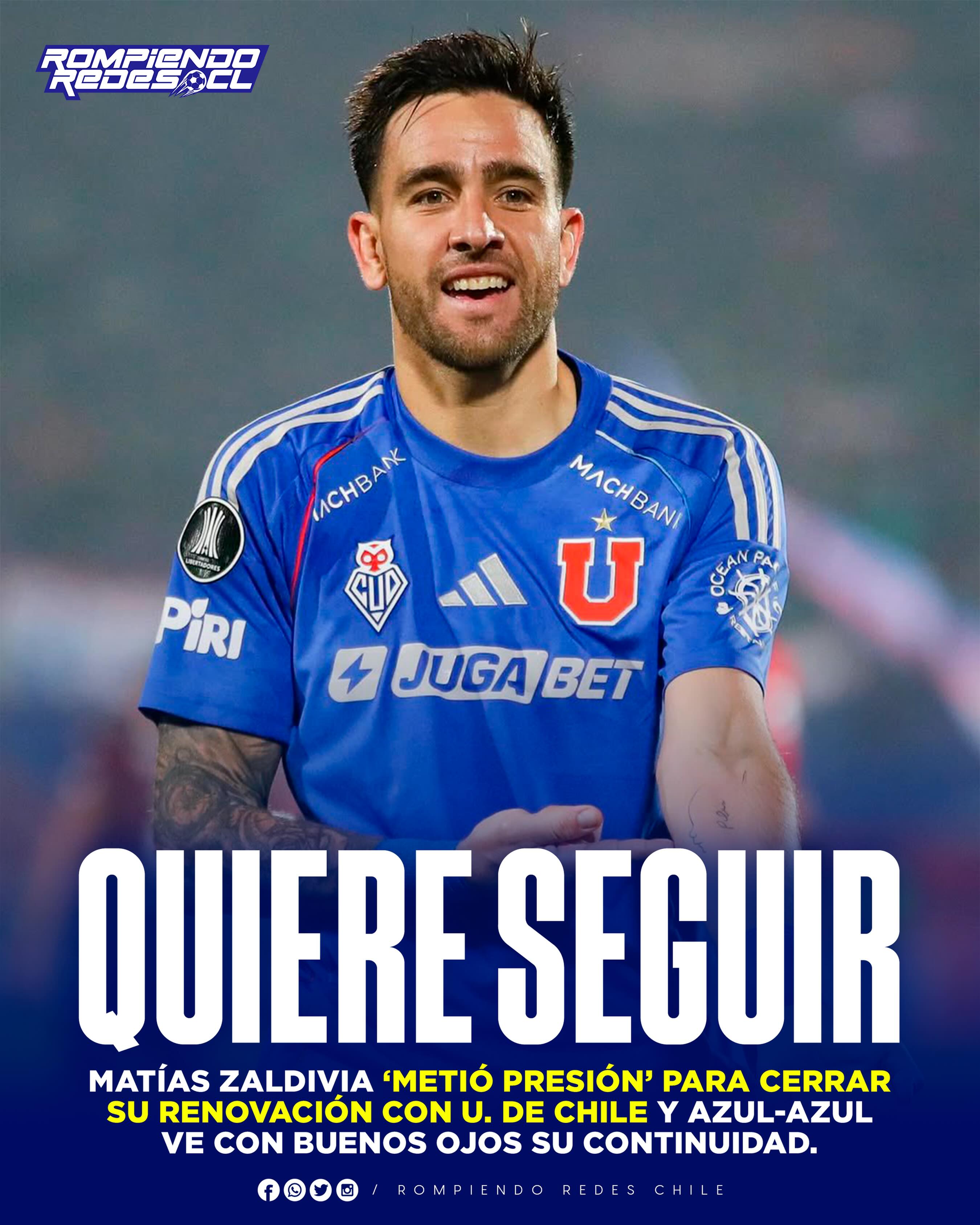𝑩𝑼𝑺𝑪𝑨𝑵 𝑻𝑬𝑵𝑬𝑹 𝑨𝑳 𝑴𝑨𝑻𝑰 𝑷𝑨𝑹𝑨 𝑹𝑨𝑻𝑶 𝑬𝑵 𝑳𝑨 𝑼🔵🔥

Matías Zaldivia dejó claro que su intención es seguir vistiendo la camiseta de la Universidad de Chile por un buen rato.

El defensa nacionalizado chileno ya le manifestó a la dirigencia de Azul Azul sus ganas de renovar el contrato para la temporada 2027. Por su parte, en el club están contentos con su rendimiento y liderazgo, así que ven con buenos ojos asegurar su continuidad. 

De hecho, el futbolista ya nacionalizado chileno lo comentó en conferencia de prensa. “El club conoce mi postura. Es clara, yo estoy muy cómodo acá. Obviamente son temas que se hablan puertas adentro”, manifestó.

Todo indica que las negociaciones van por buen camino para que el “Mati” siga siendo el patrón de la zaga en el CDA.

¿Estás de acuerdo con la renovación del Mati, o se debería salir a buscar un central de talla internacional?👀✍🏽 #RR